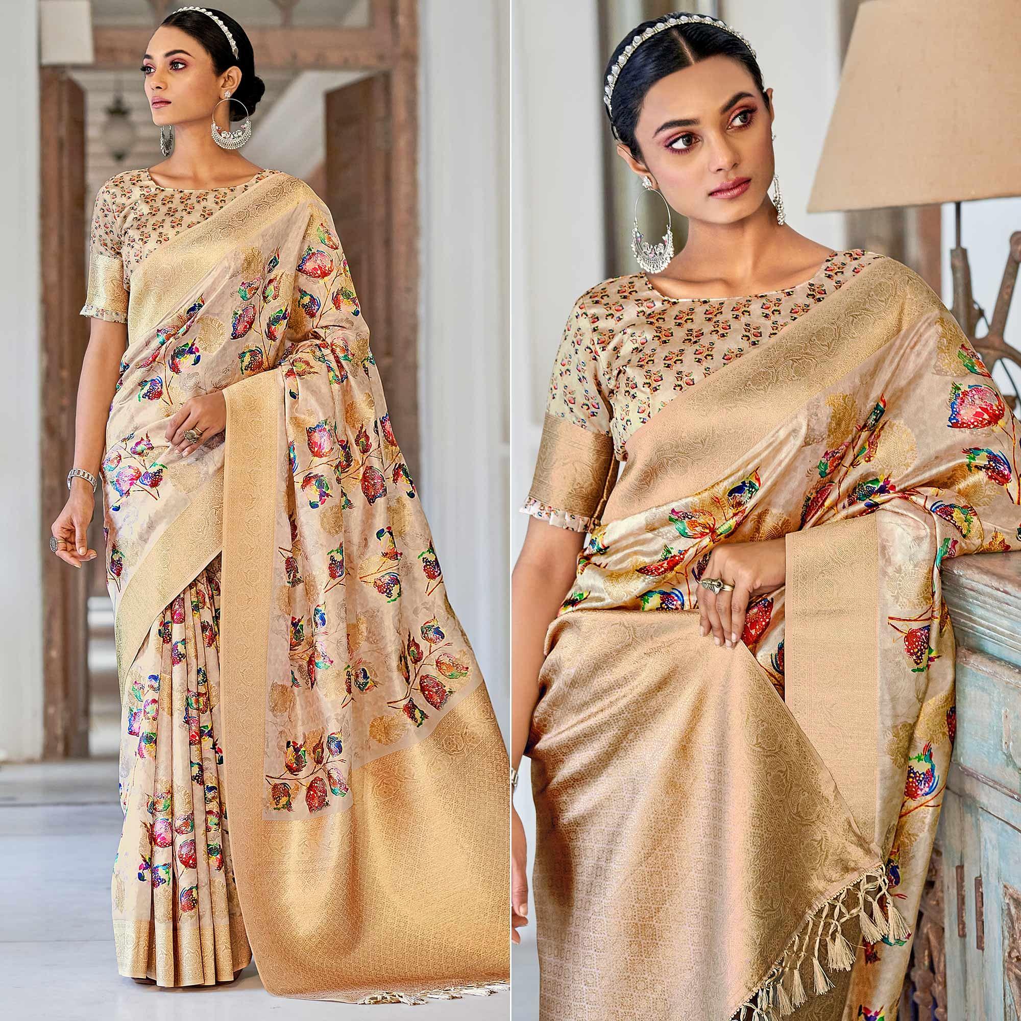 Light Brown Festive Wear Floral Printed With Woven With Woven Jacquard Saree - Peachmode