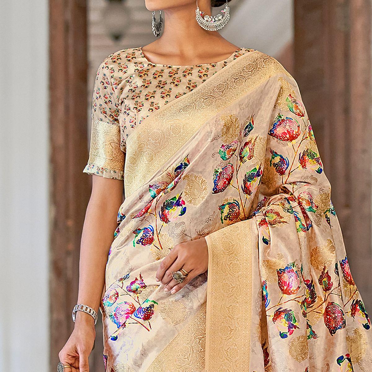 Light Brown Festive Wear Floral Printed With Woven With Woven Jacquard Saree - Peachmode
