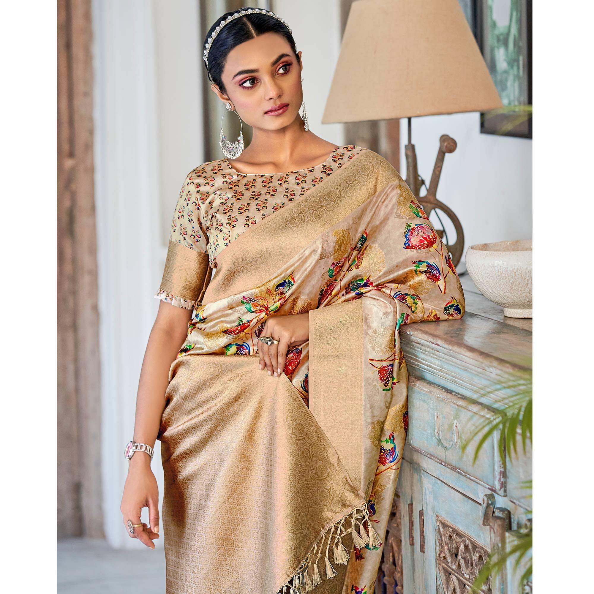 Light Brown Festive Wear Floral Printed With Woven With Woven Jacquard Saree - Peachmode