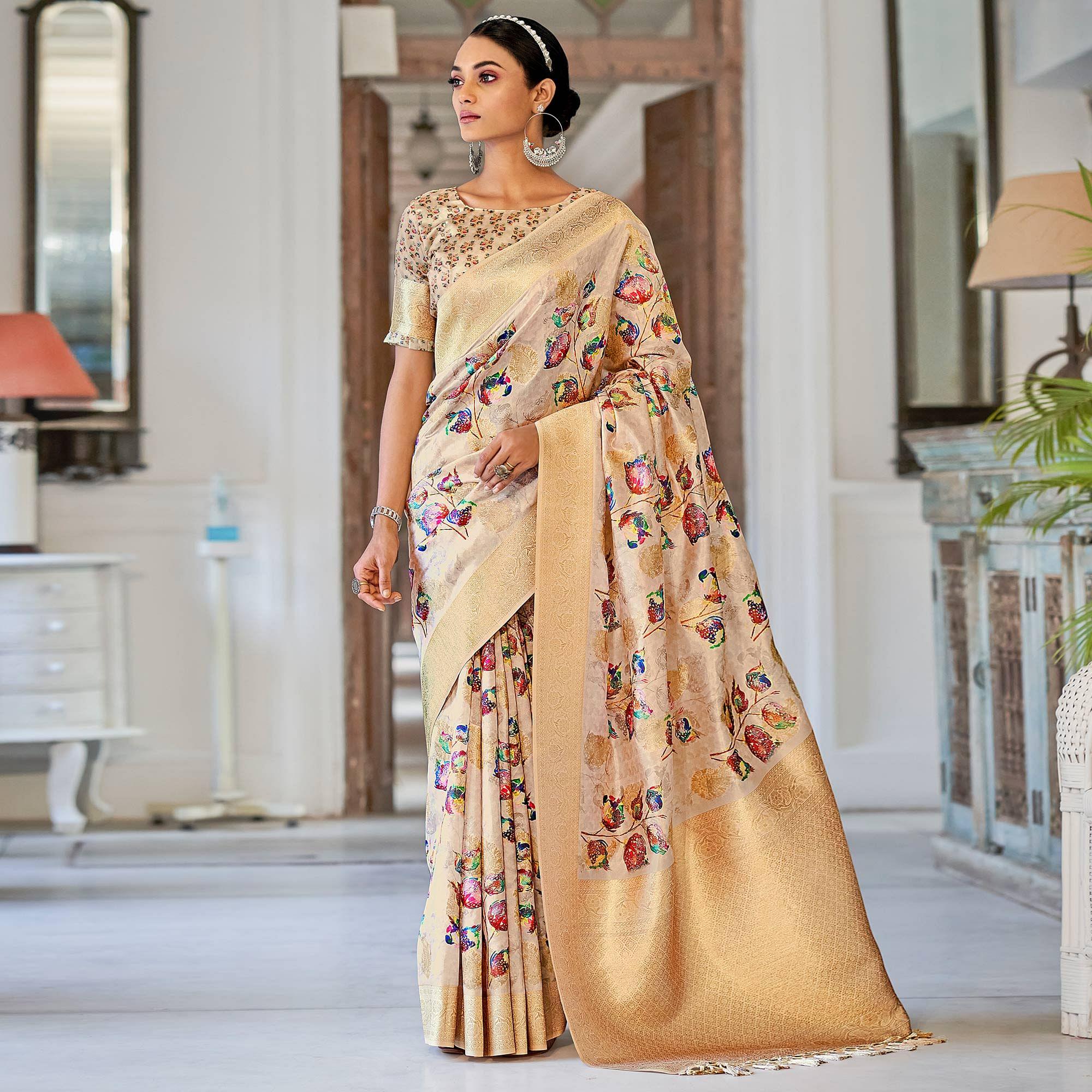 Light Brown Festive Wear Floral Printed With Woven With Woven Jacquard Saree - Peachmode
