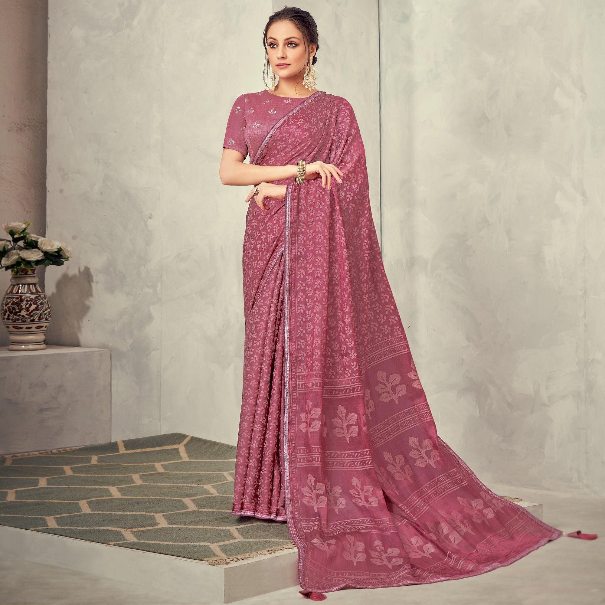 Light Brown Festive Wear Print With Lace Border Brasso Silk Saree - Peachmode