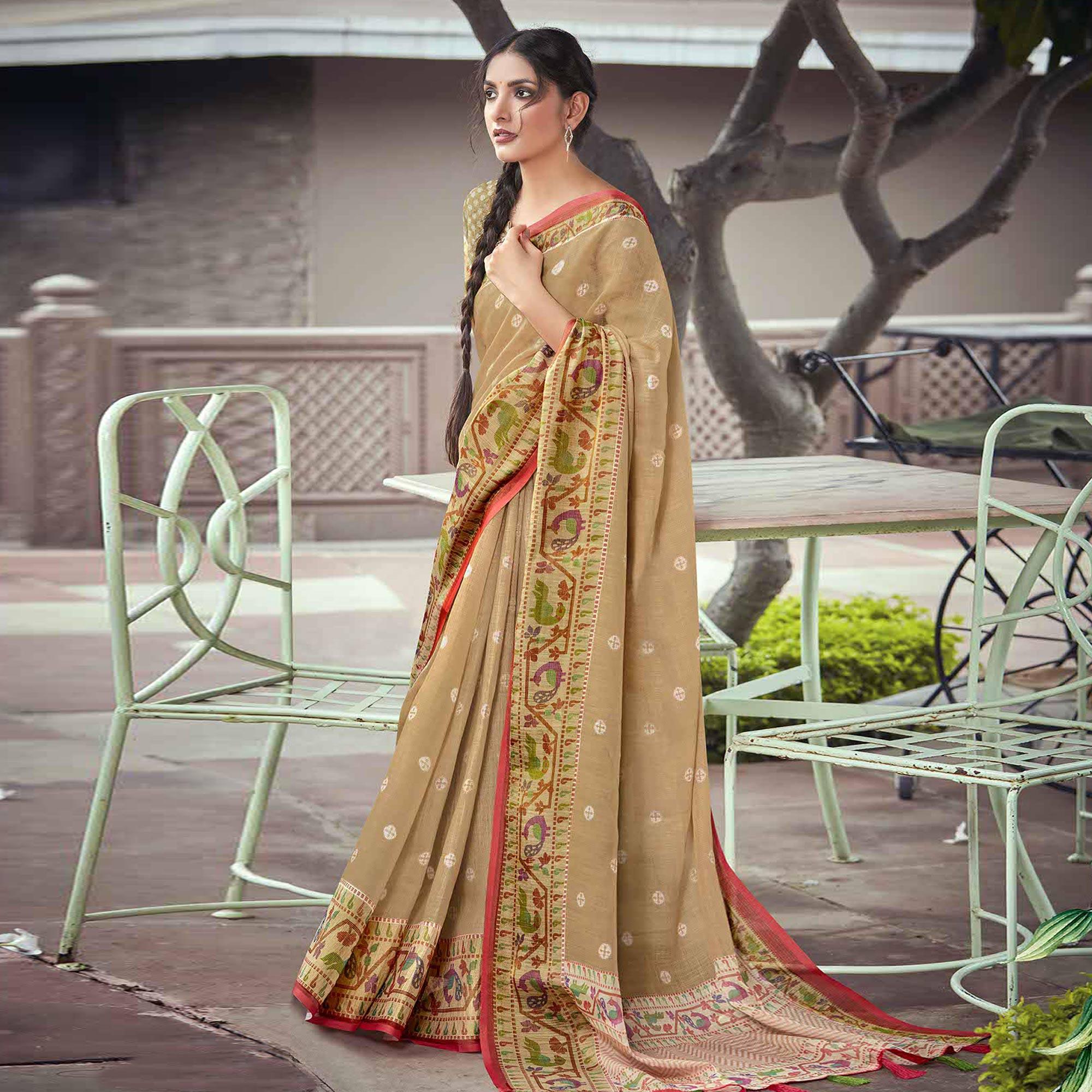 Light Brown Festive Wear Printed Linen Saree With Border - Peachmode
