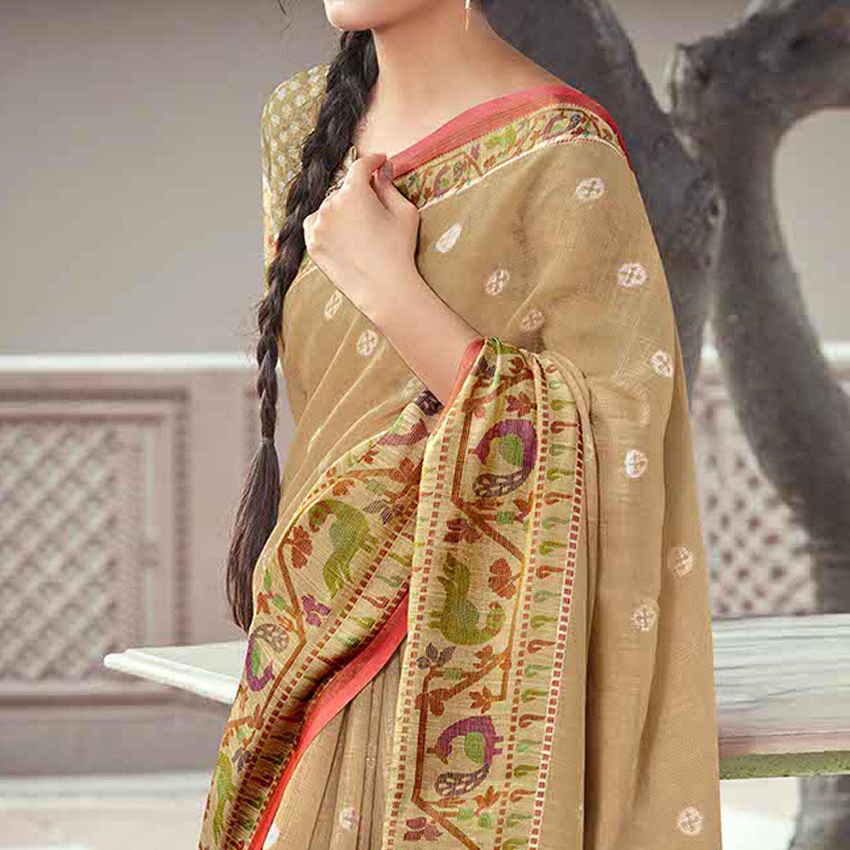 Light Brown Festive Wear Printed Linen Saree With Border - Peachmode