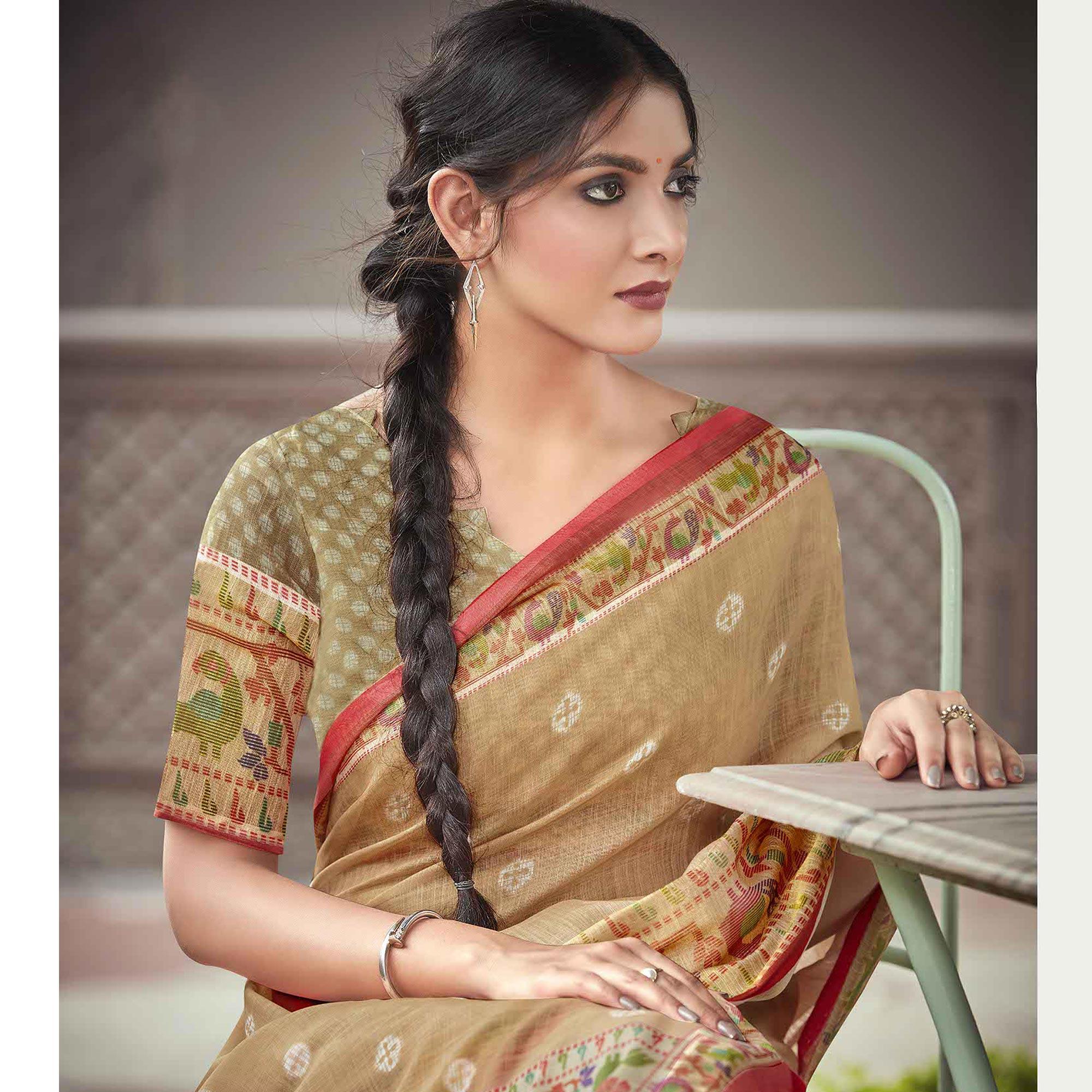 Light Brown Festive Wear Printed Linen Saree With Border - Peachmode