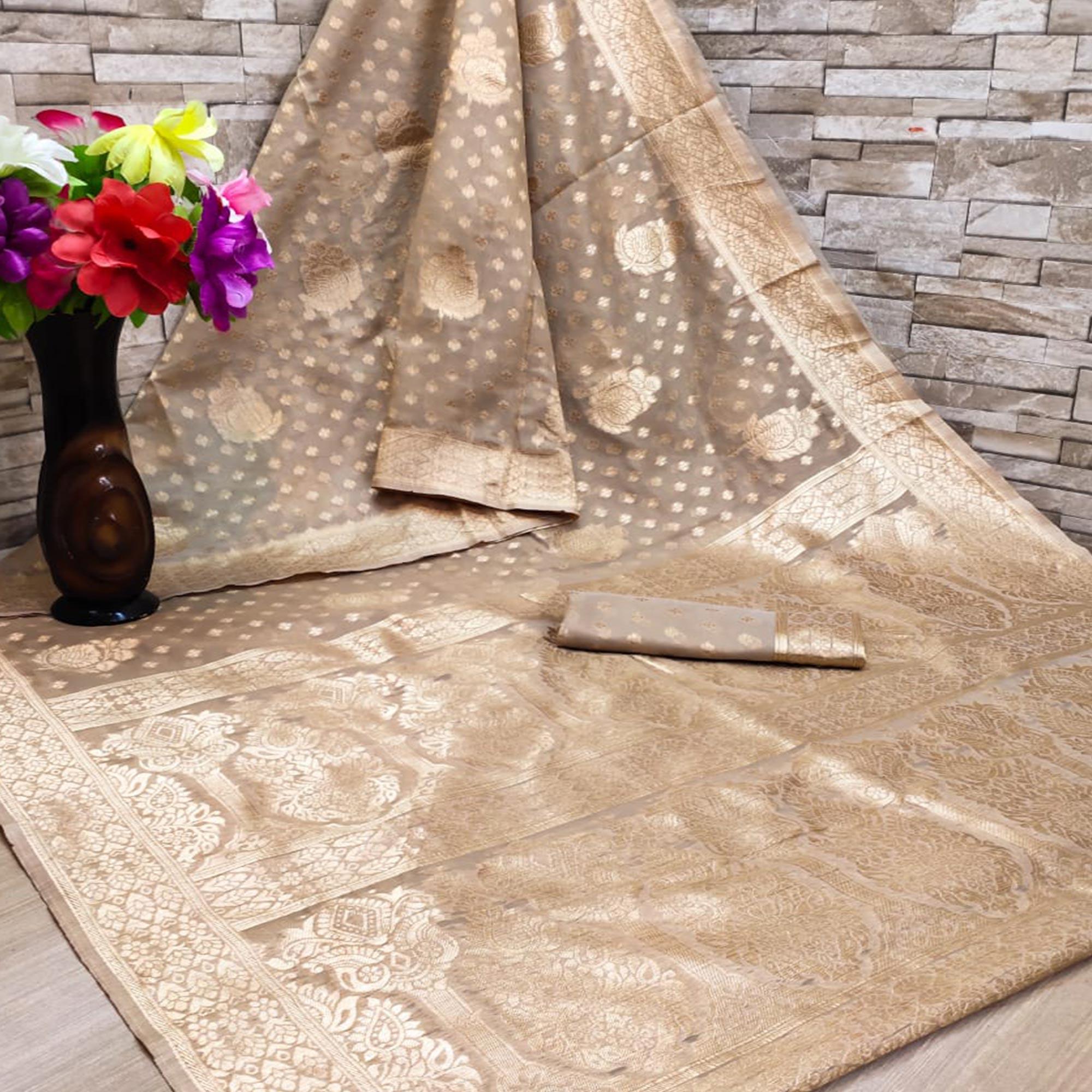 Light Brown Festive Wear Woven Jacquard Silk Saree - Peachmode