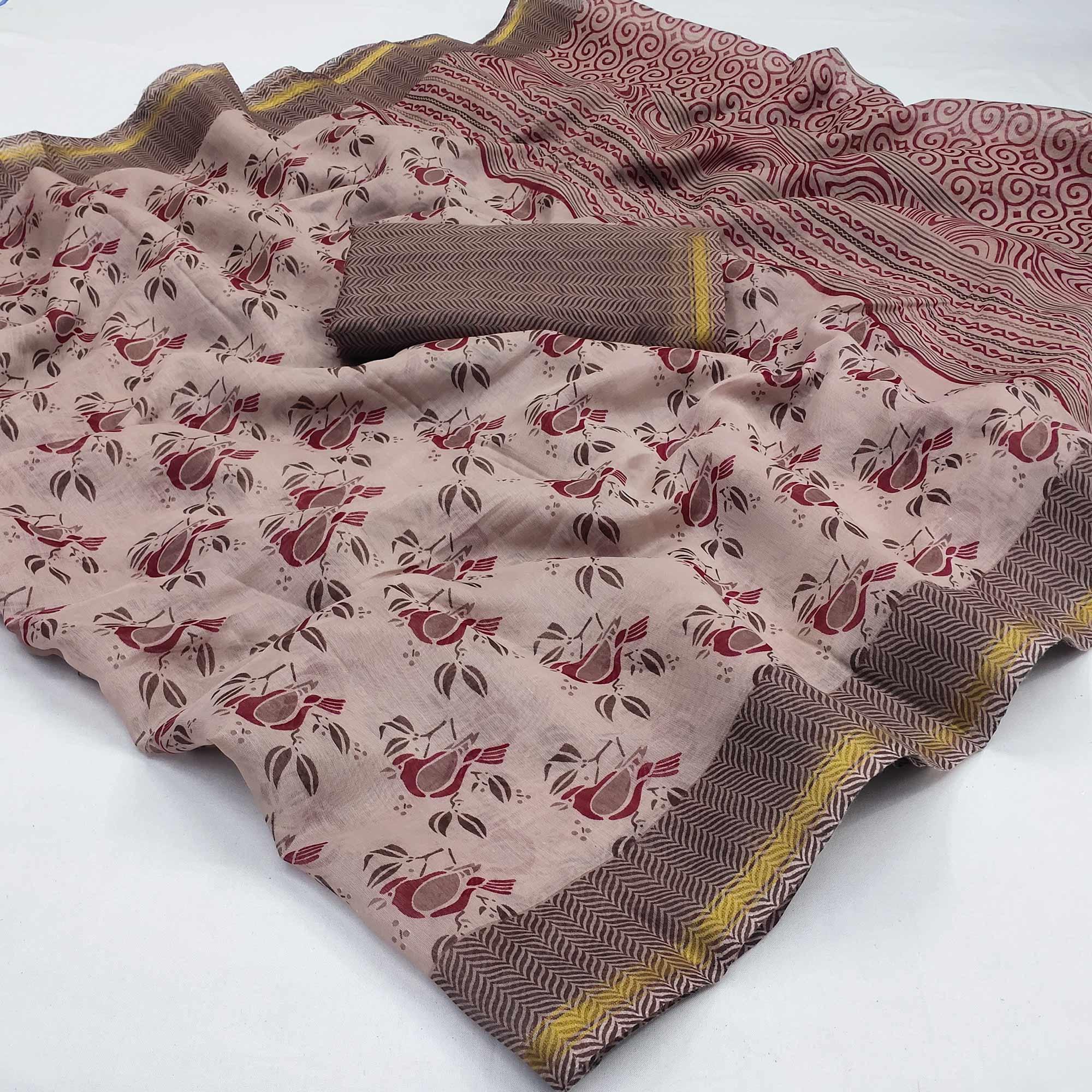 Light Brown Floral Printed Cotton Blend Saree - Peachmode