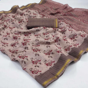 Light Brown Floral Printed Cotton Blend Saree - Peachmode