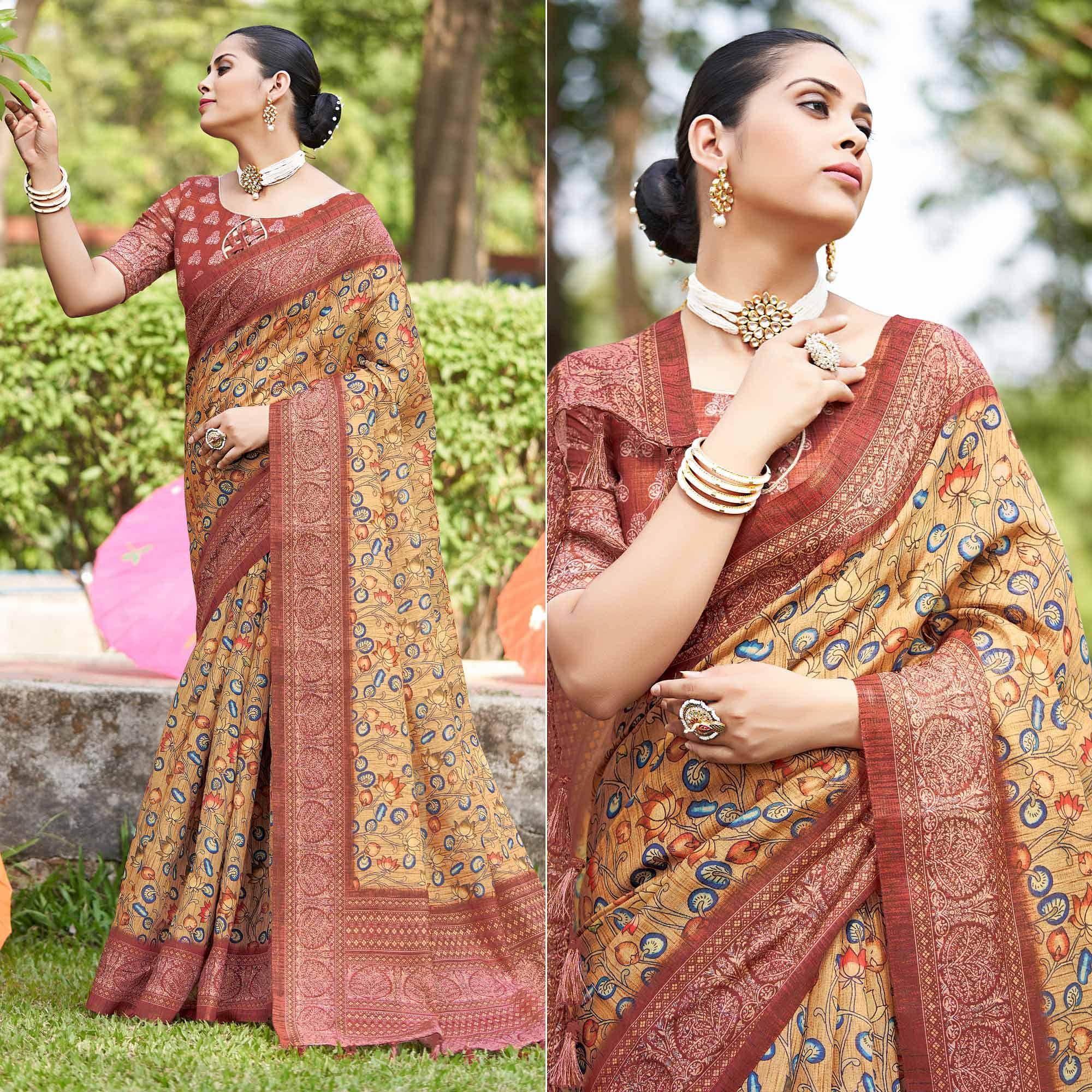 Light Brown Kalamkari Digital Printed Linen Saree With Tassels - Peachmode