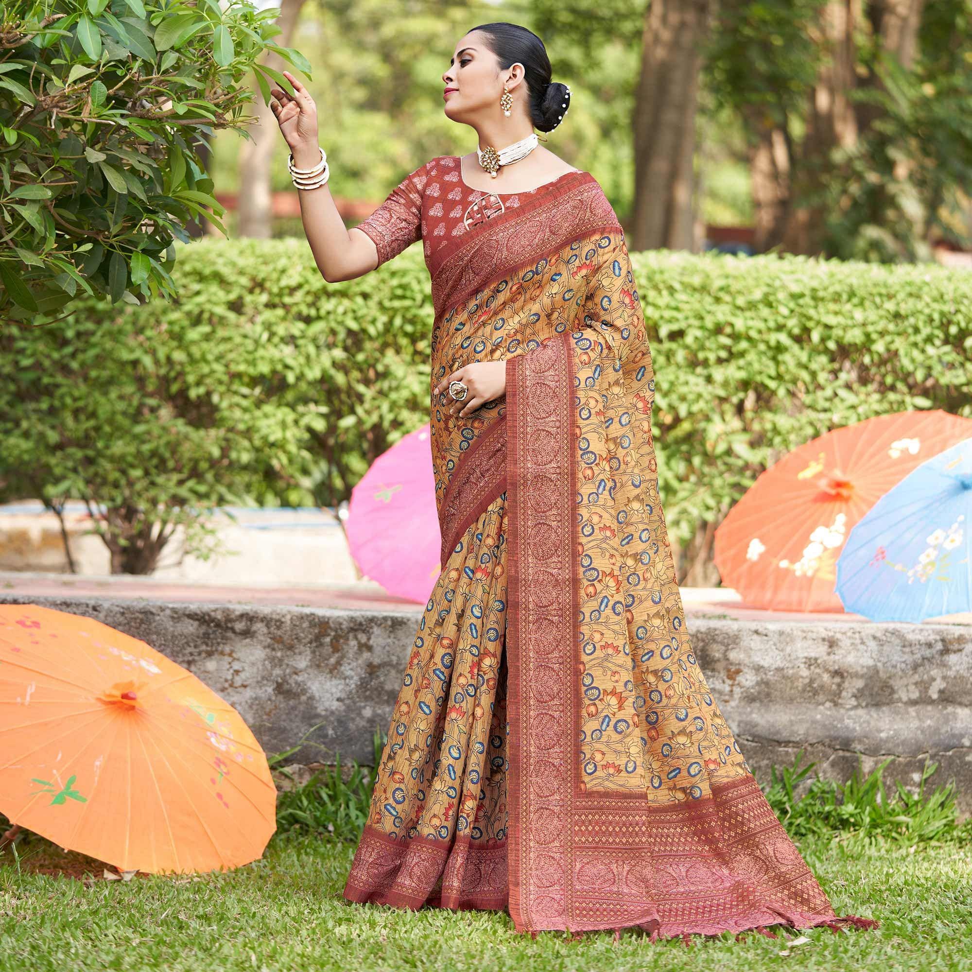 Light Brown Kalamkari Digital Printed Linen Saree With Tassels - Peachmode