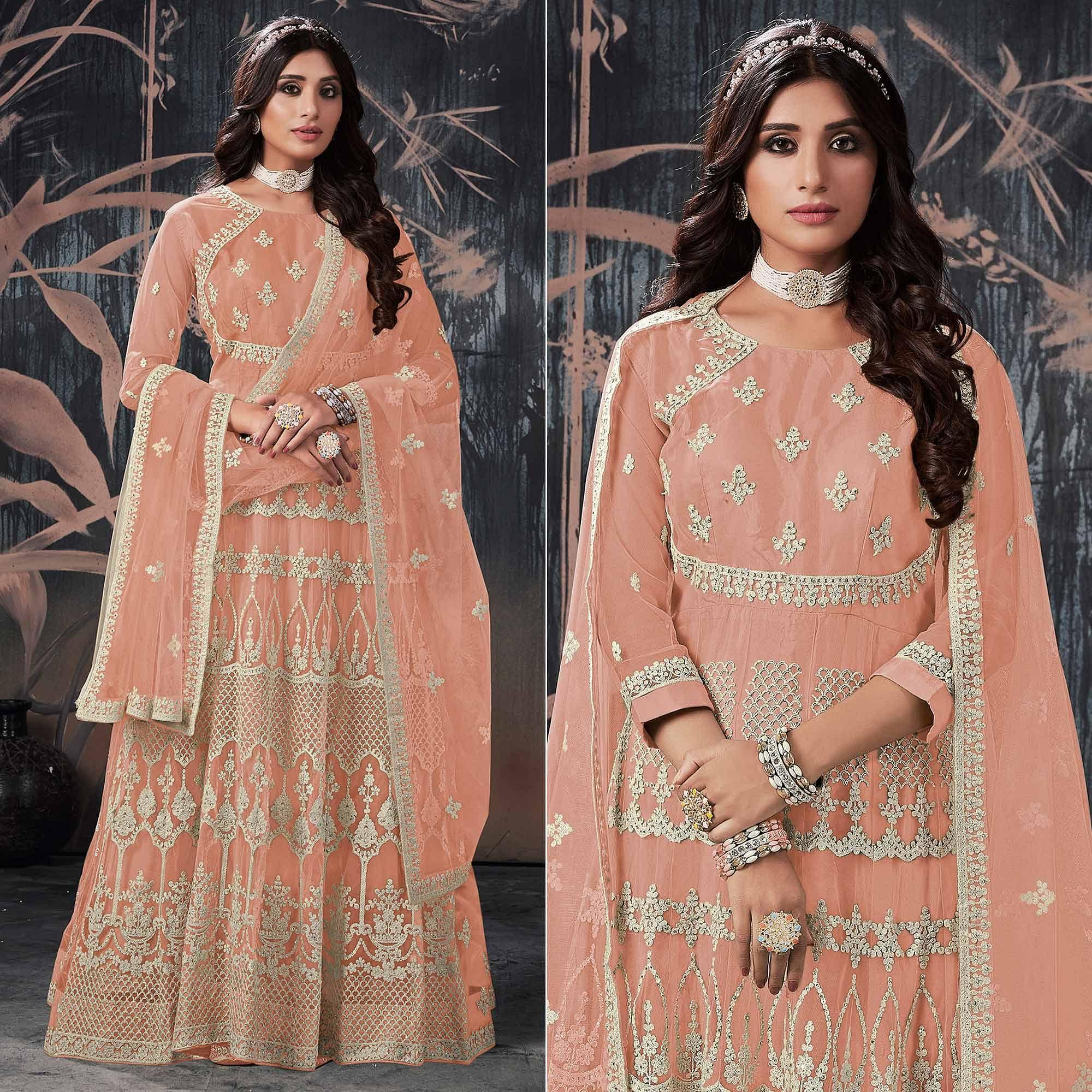 Light Brown Partywear Embroidery With Embellished Net Gown - Peachmode