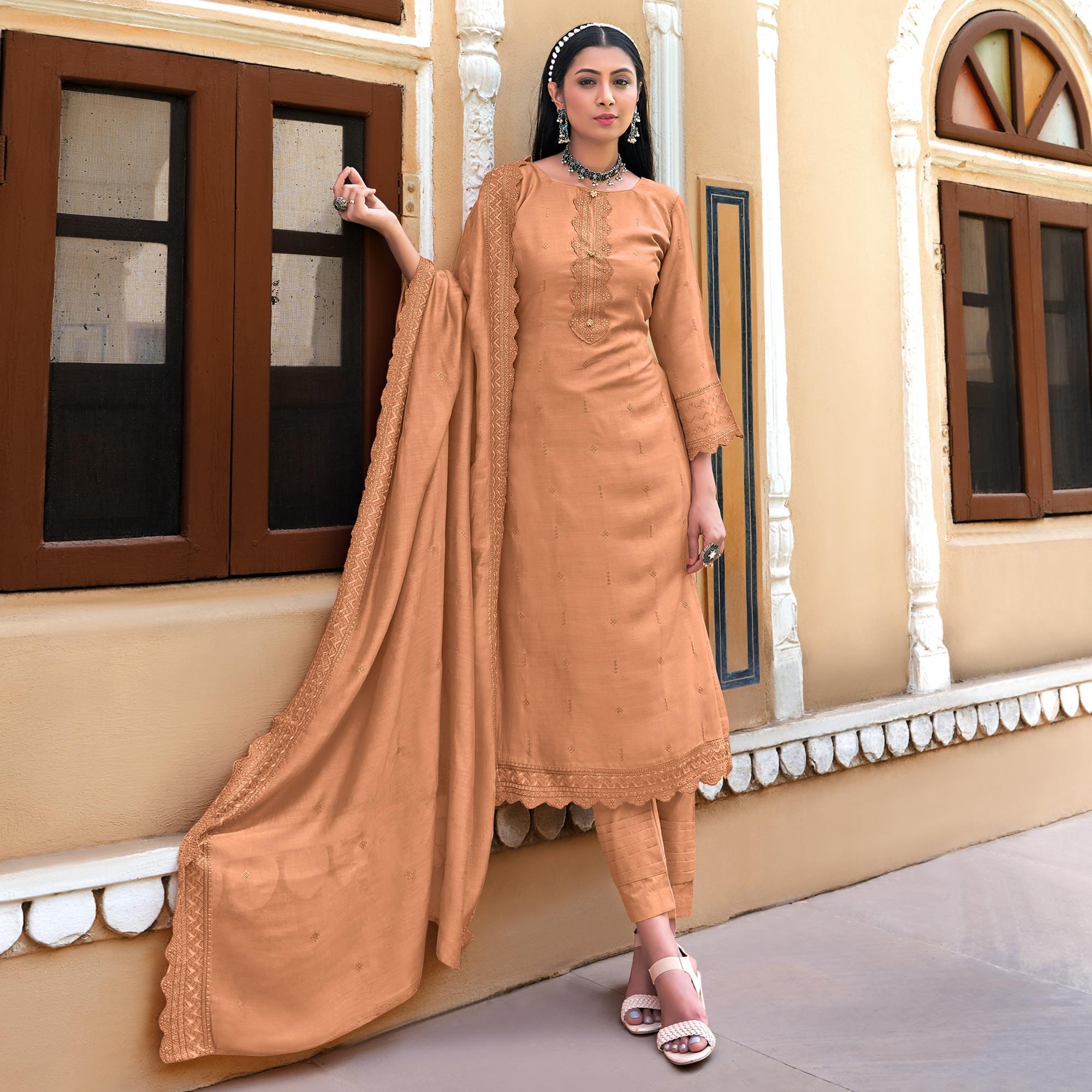 Light Brown Sequence Floral Embroidered Muslin Suit - Peachmode