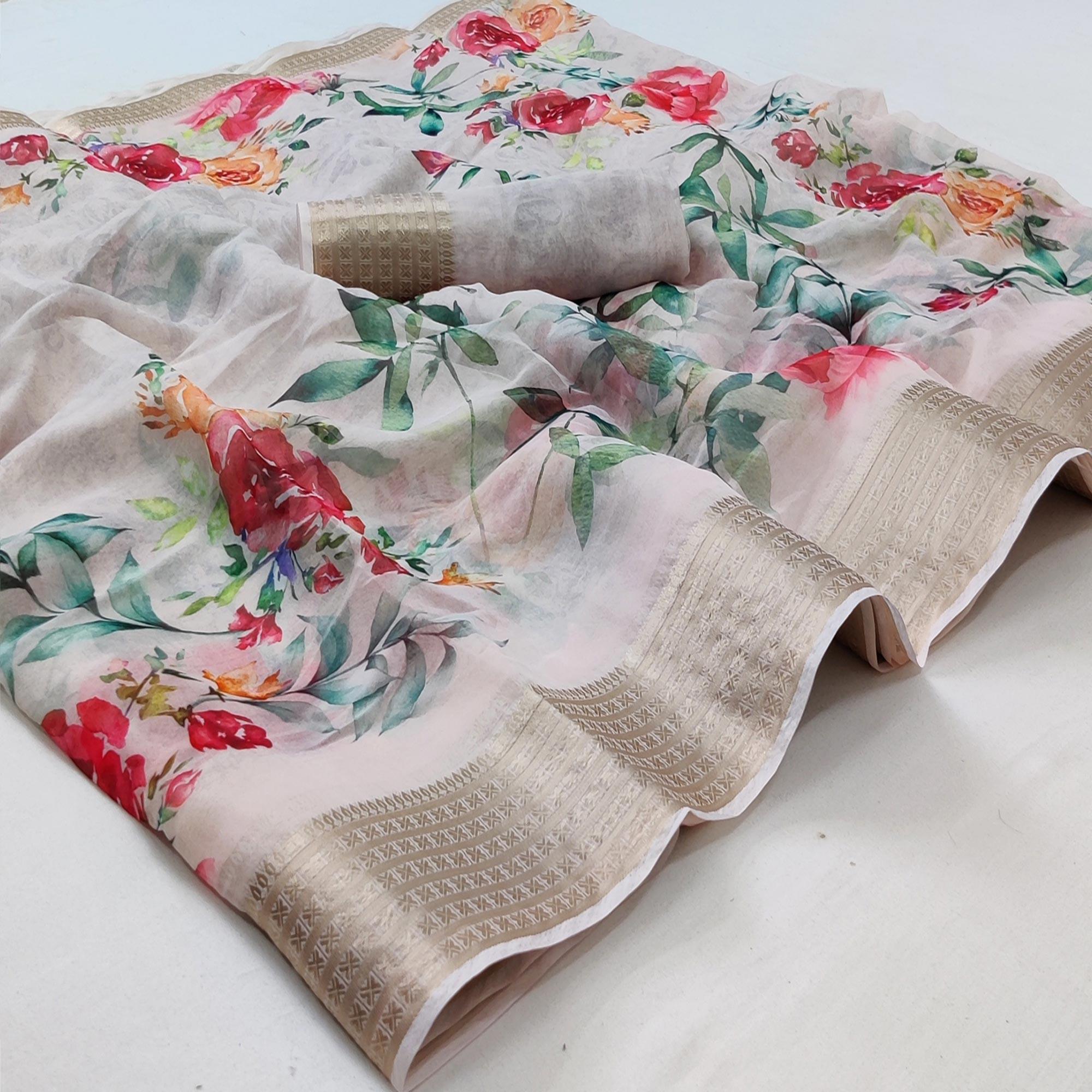Light Cream Casual Wear Floral Digital Printed Georgatte Saree - Peachmode
