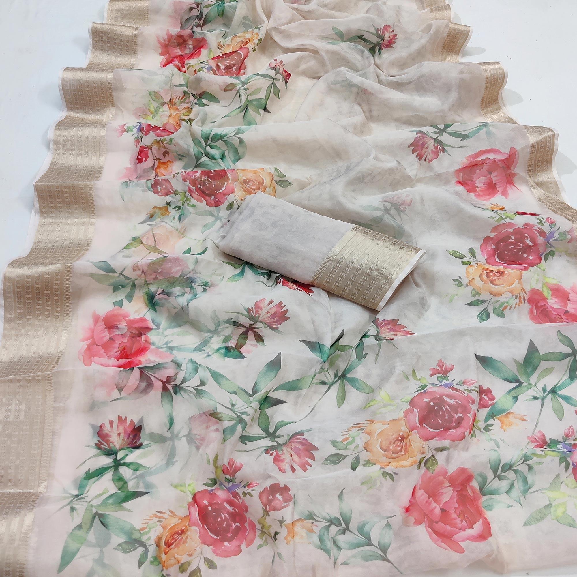 Light Cream Casual Wear Floral Digital Printed Georgatte Saree - Peachmode