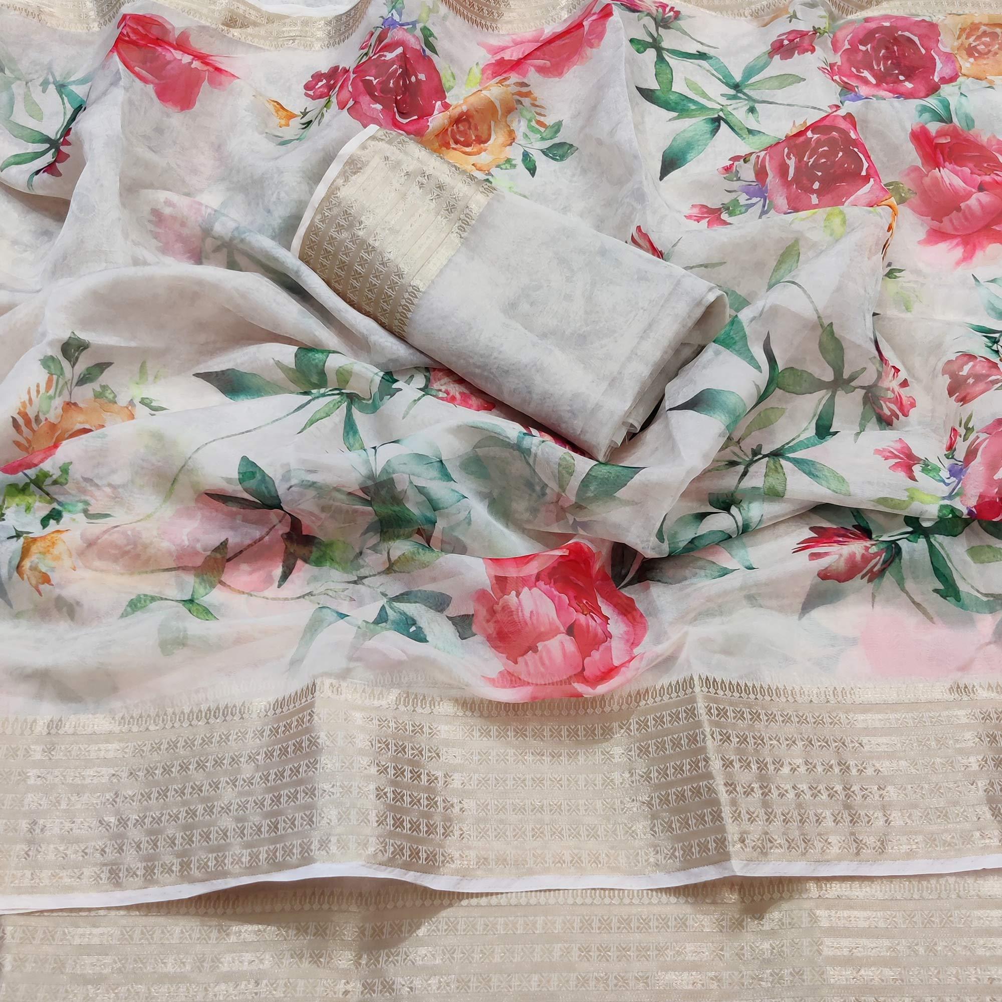 Light Cream Casual Wear Floral Digital Printed Georgatte Saree - Peachmode