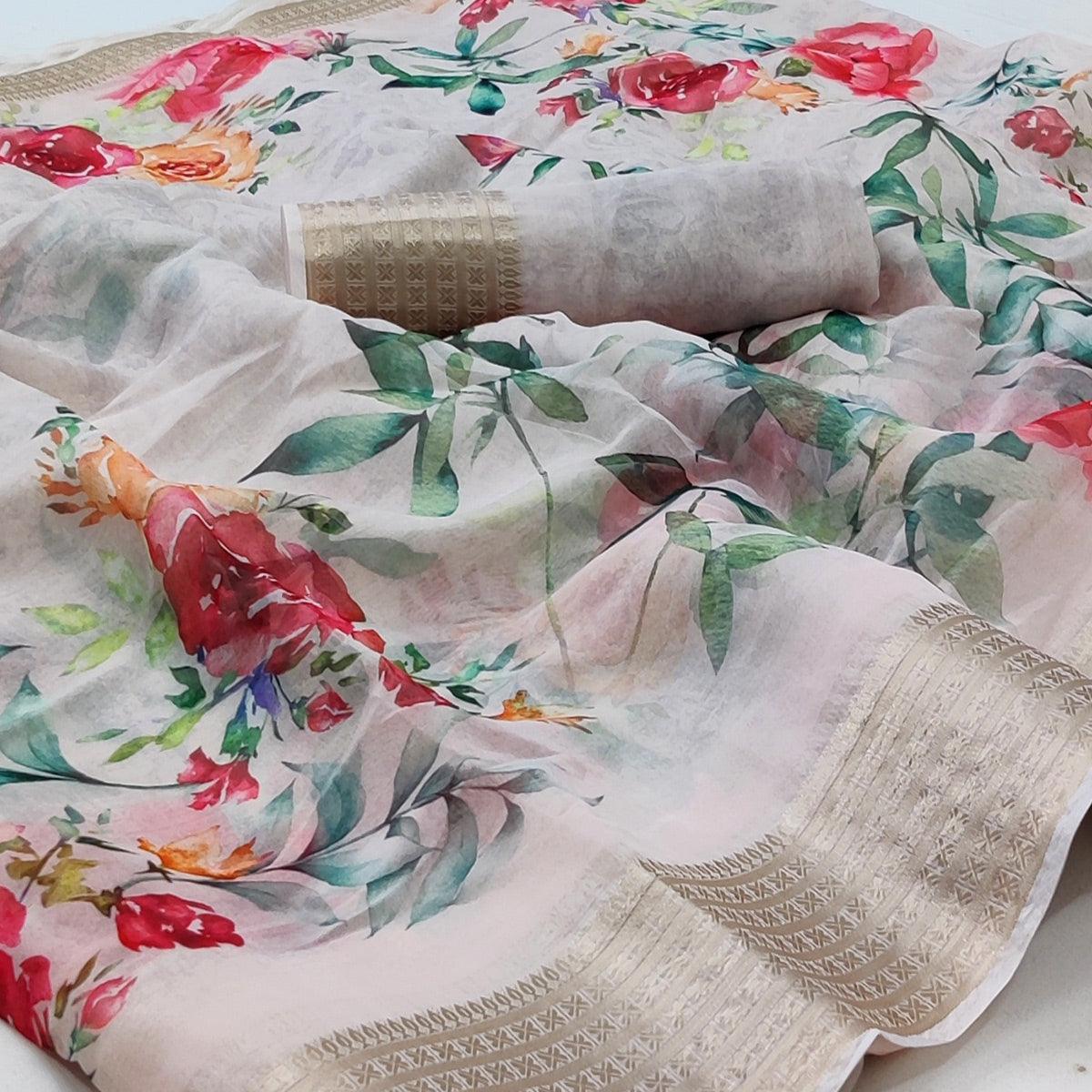 Light Cream Casual Wear Floral Digital Printed Georgatte Saree - Peachmode