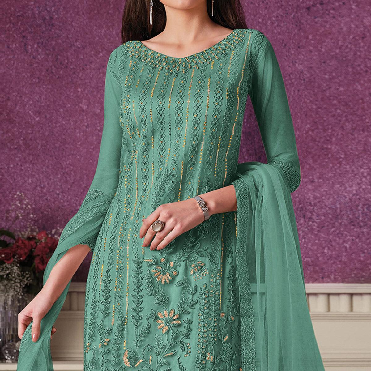 Light Cyan Floral Embroidery Designer Heavy Butterfly Net Partywear Suit - Peachmode