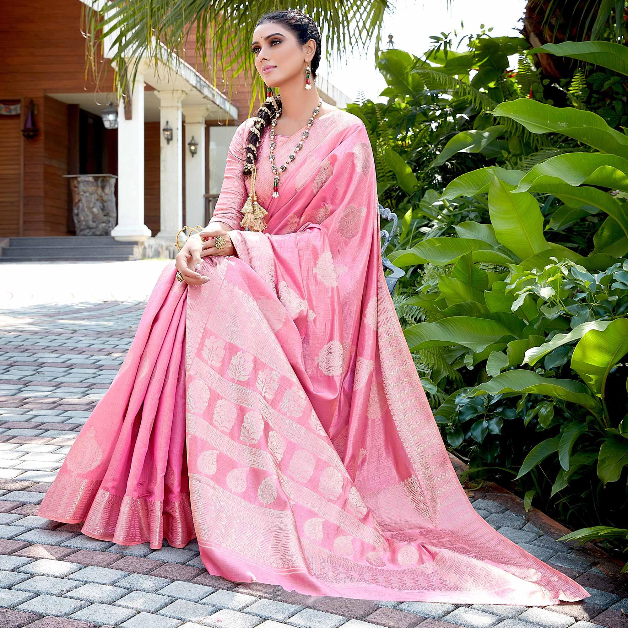 Light Gajri Pink Festive Wear Jari Woven Art Silk Saree - Peachmode
