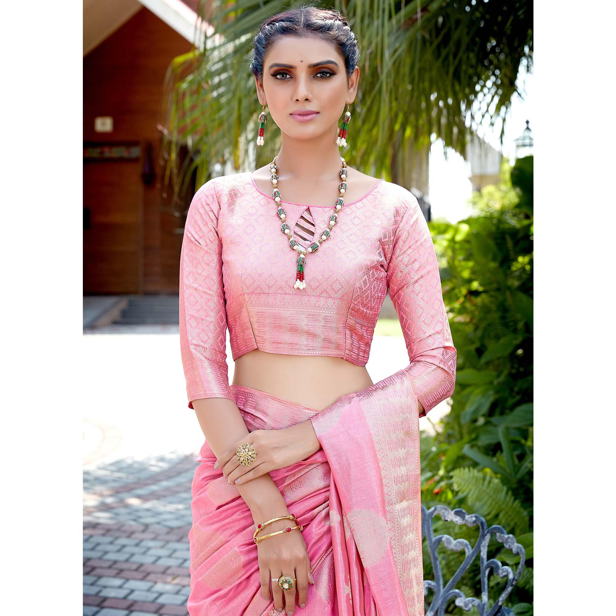 Light Gajri Pink Festive Wear Jari Woven Art Silk Saree - Peachmode