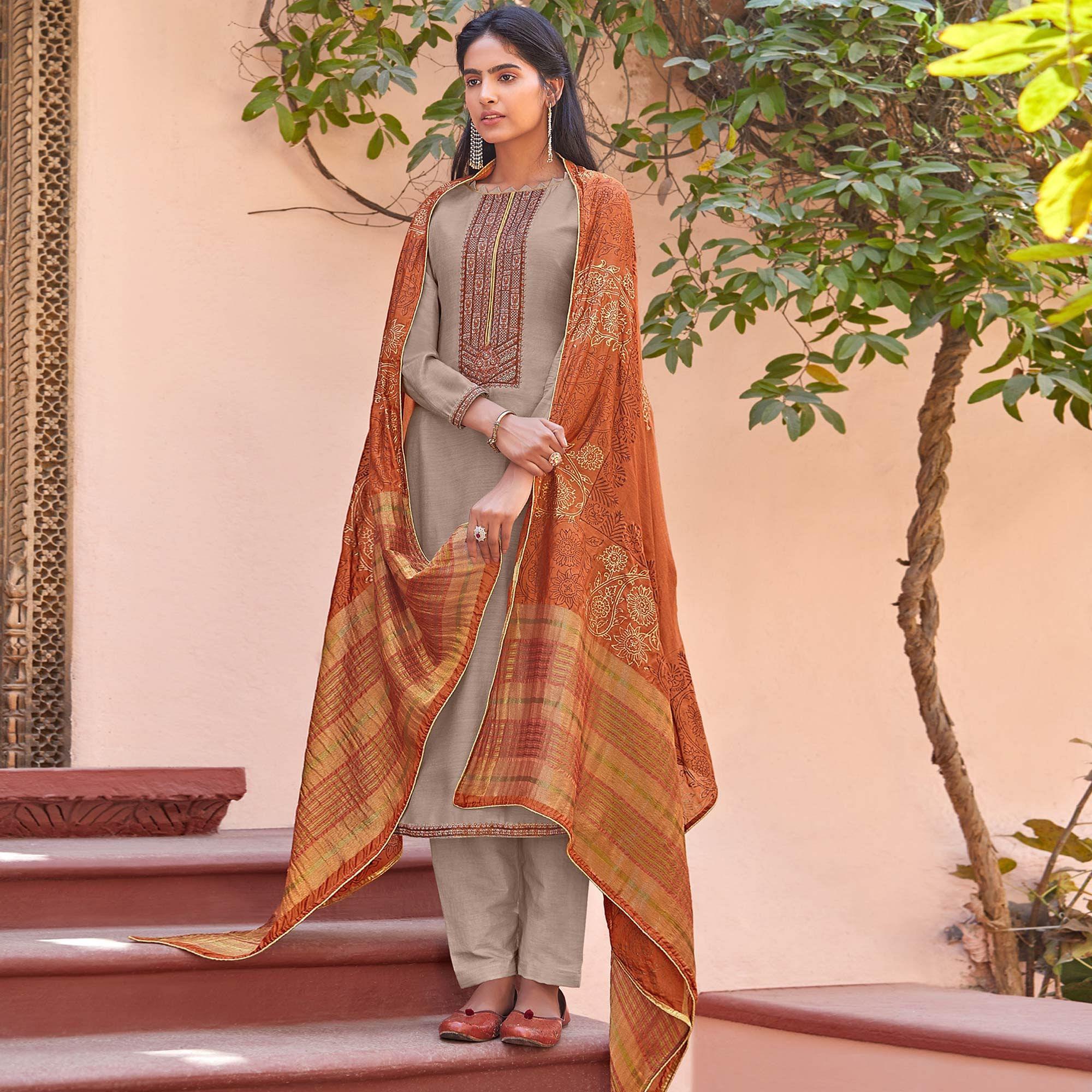 Light Gray Festive Wear Embroidered Viscose Cotton Silk Salwar Suit - Peachmode