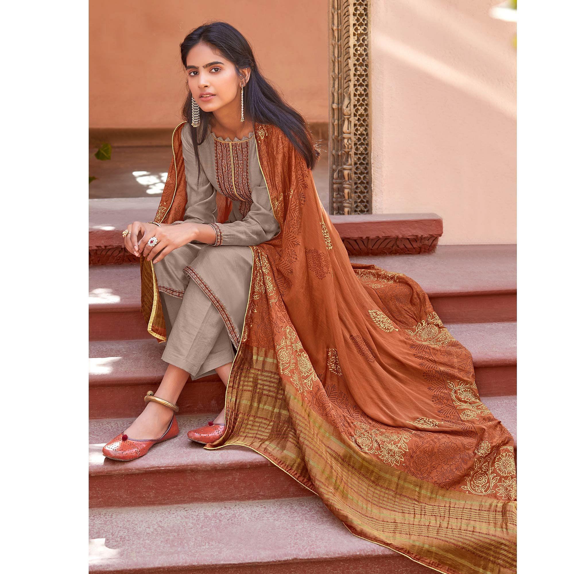 Light Gray Festive Wear Embroidered Viscose Cotton Silk Salwar Suit - Peachmode