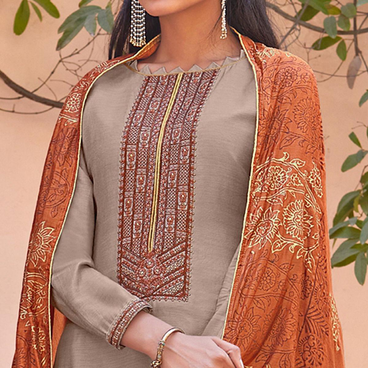 Light Gray Festive Wear Embroidered Viscose Cotton Silk Salwar Suit - Peachmode