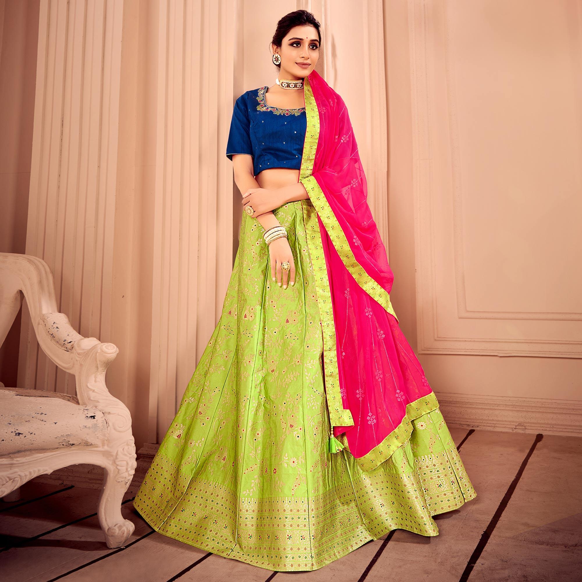Light Green & Blue Partywear Floral Embroidery With Woven Silk Lehenga Choli - Peachmode