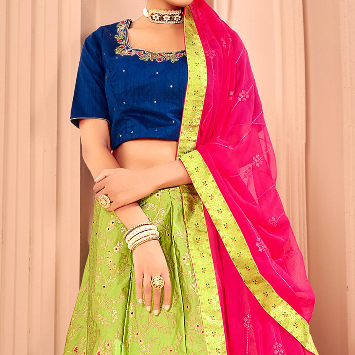 Light Green & Blue Partywear Floral Embroidery With Woven Silk Lehenga Choli - Peachmode