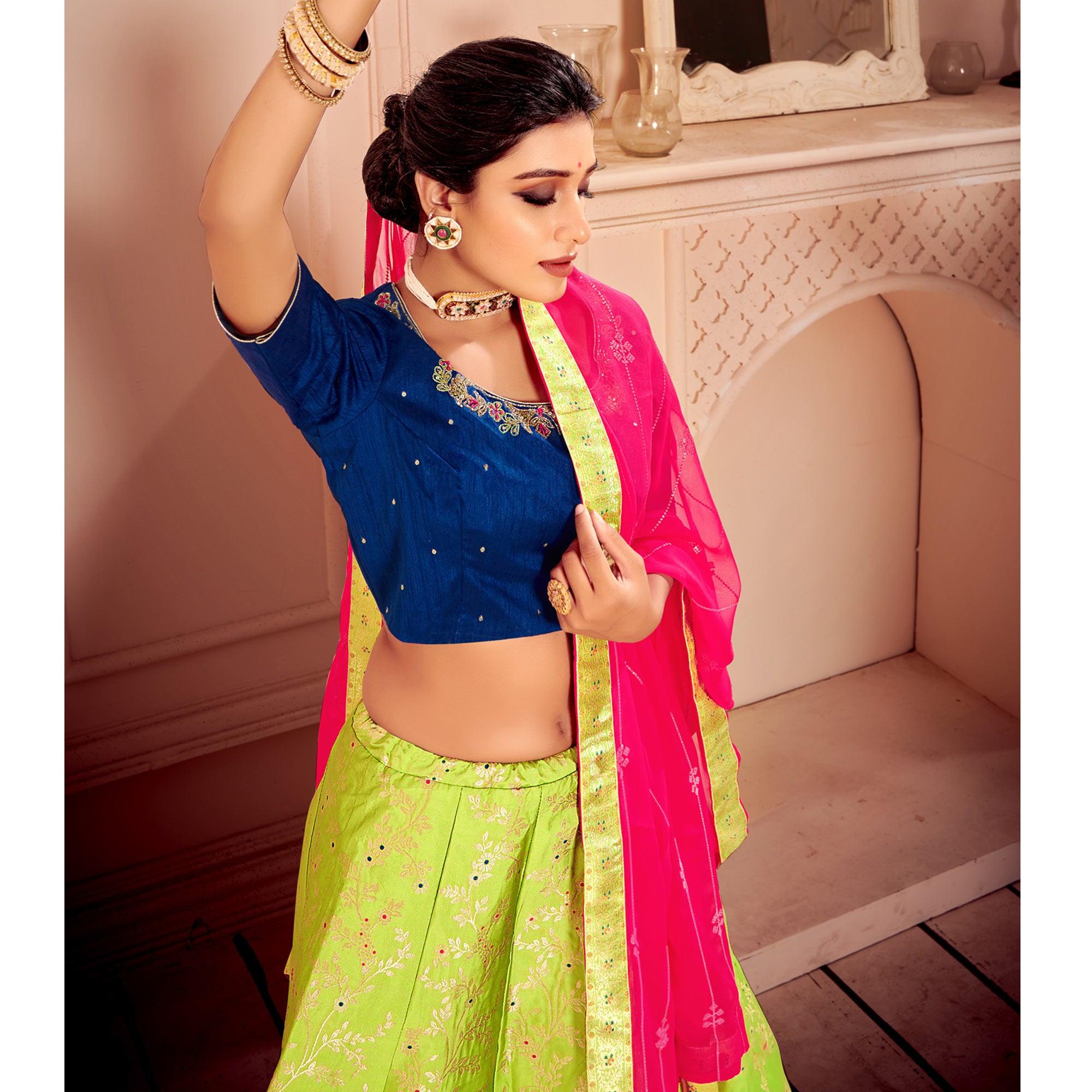 Light Green & Blue Partywear Floral Embroidery With Woven Silk Lehenga Choli - Peachmode