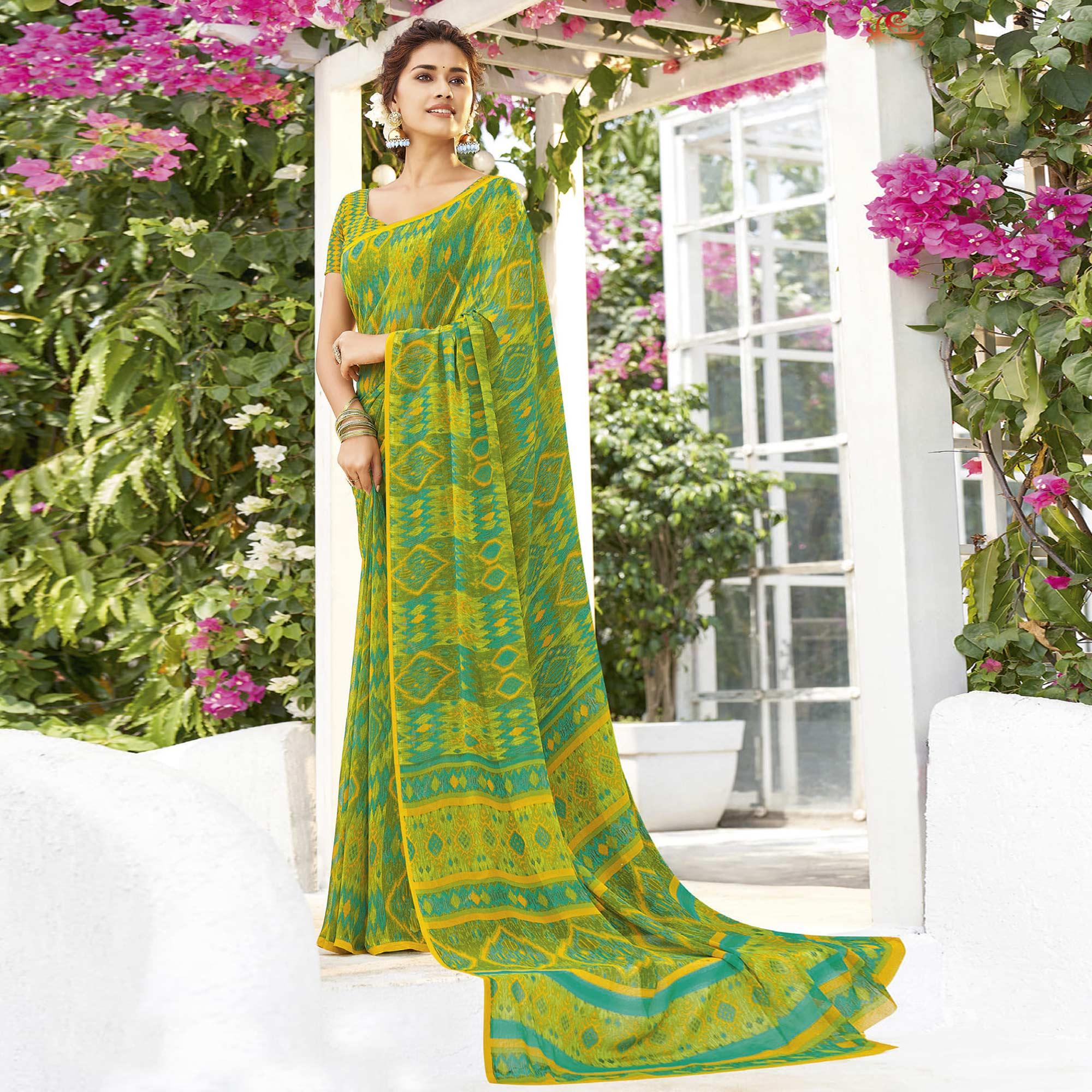 Light Green & Yellow Printed Georgette Saree - Peachmode