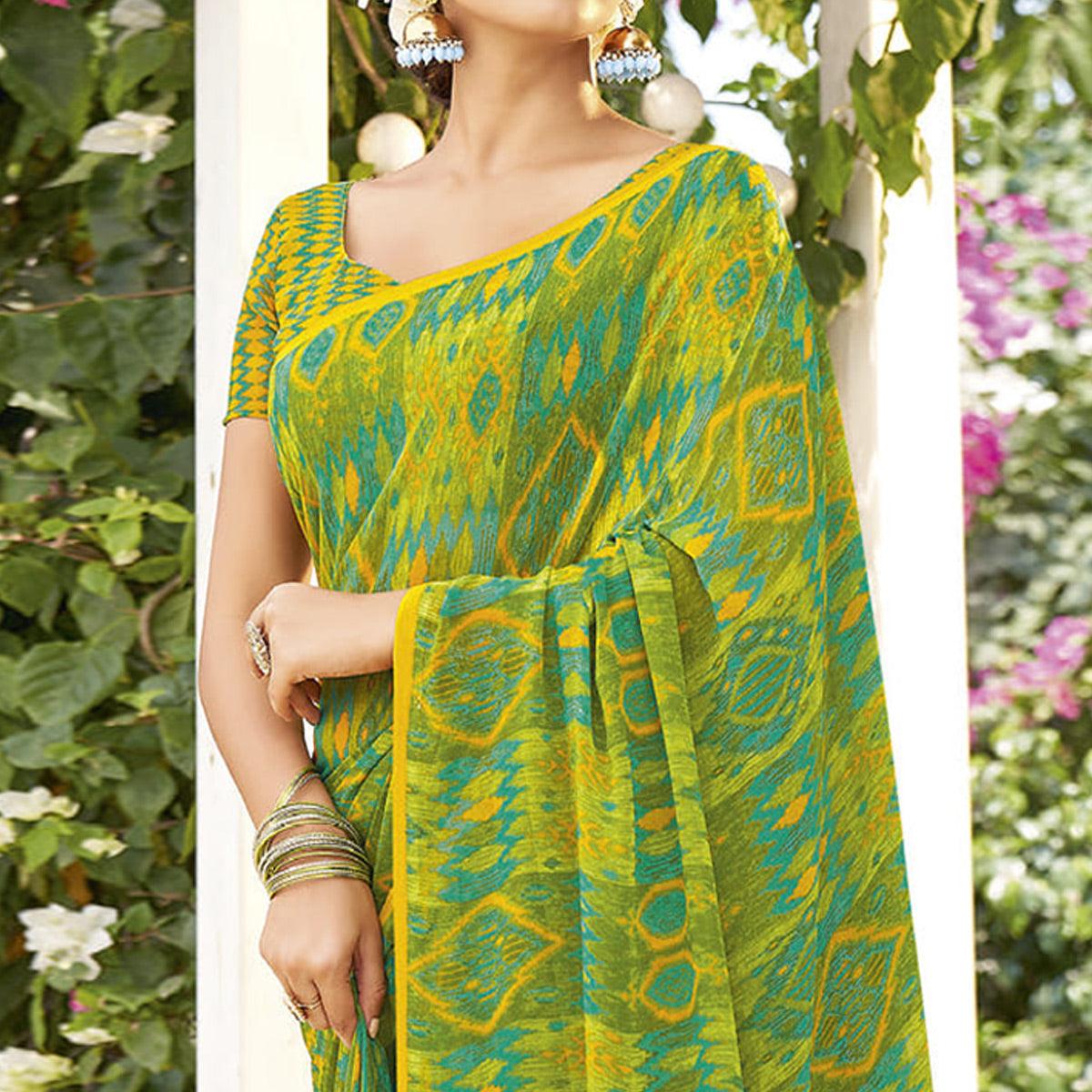 Light Green & Yellow Printed Georgette Saree - Peachmode
