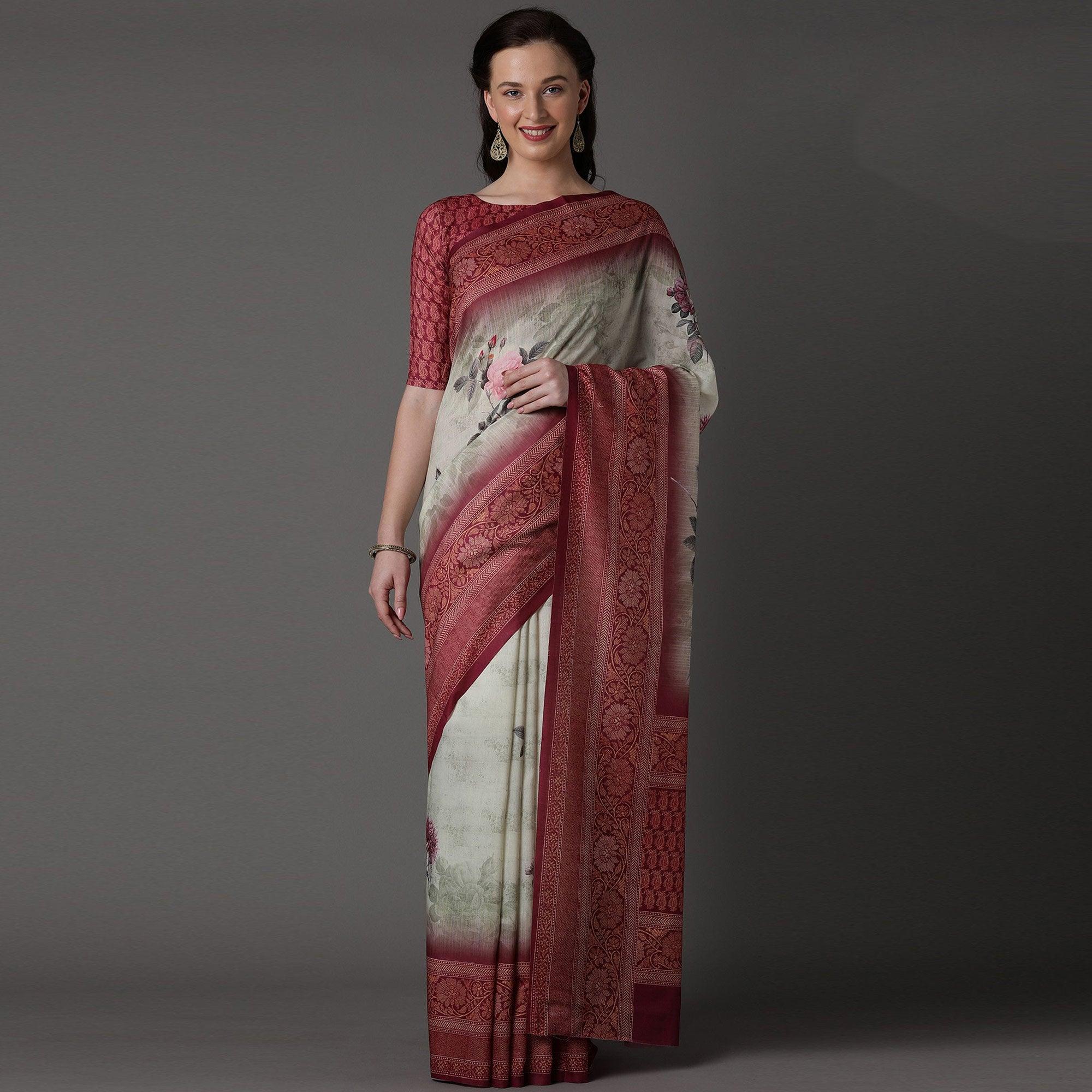Light Green Casual Cotton Silk Printed Saree With Unstitched Blouse - Peachmode