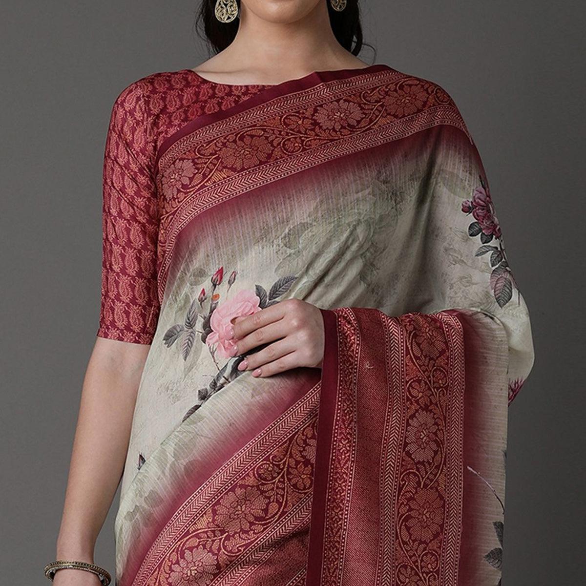 Light Green Casual Cotton Silk Printed Saree With Unstitched Blouse - Peachmode