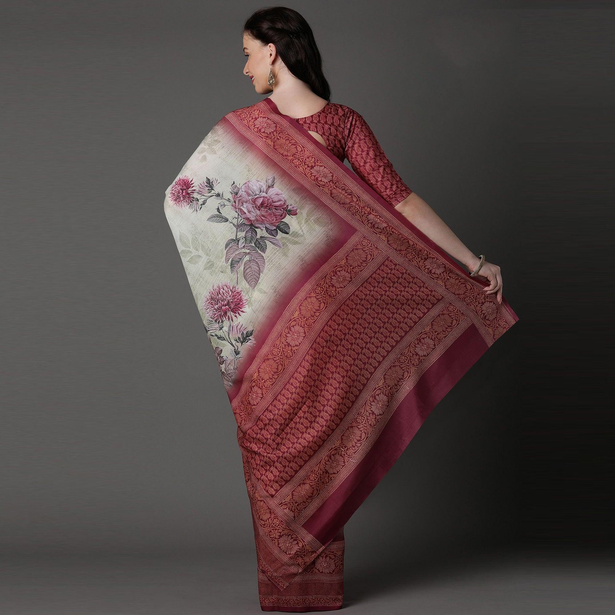 Light Green Casual Cotton Silk Printed Saree With Unstitched Blouse - Peachmode