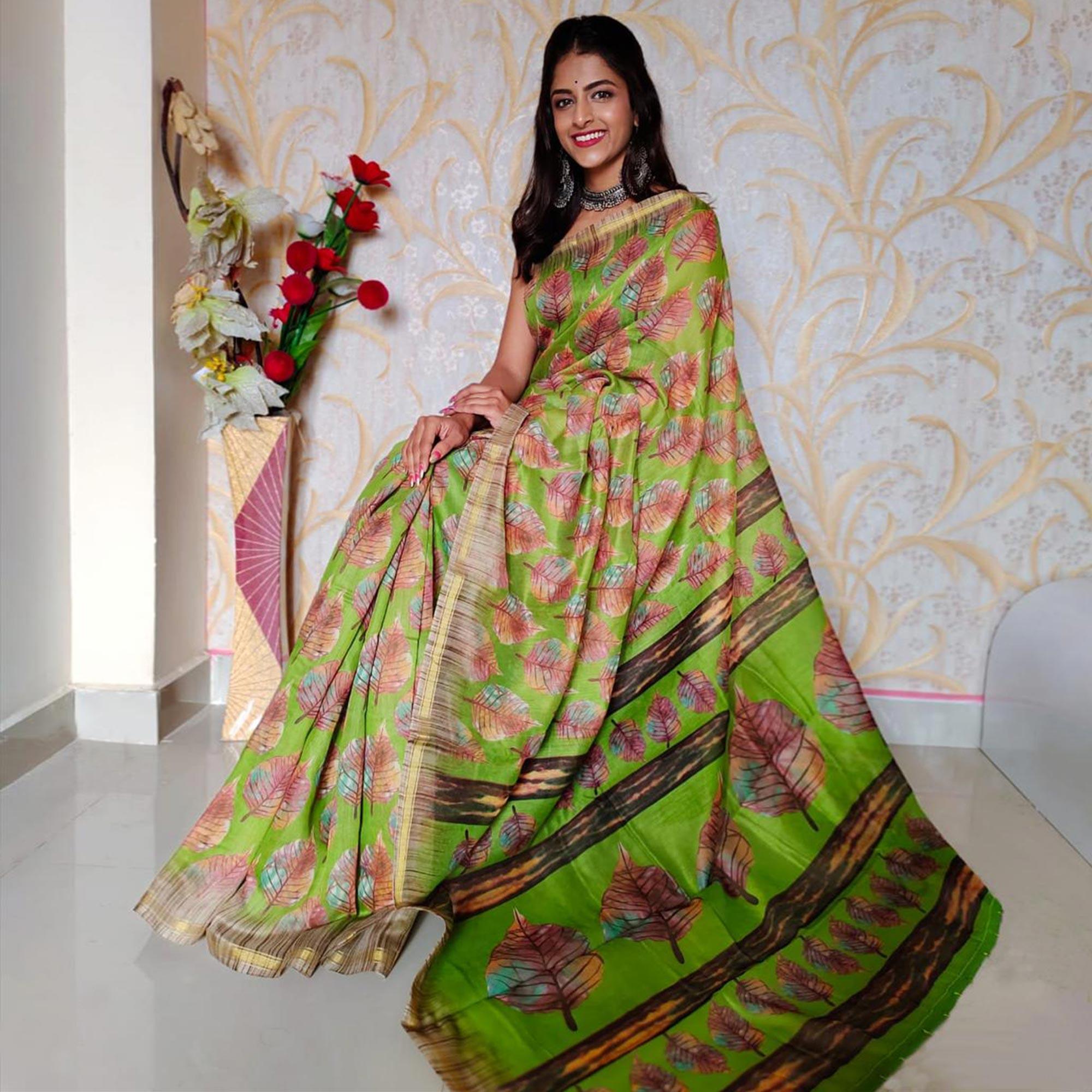 Light Green Casual Wear Digital Printed Chanderi Silk Saree - Peachmode