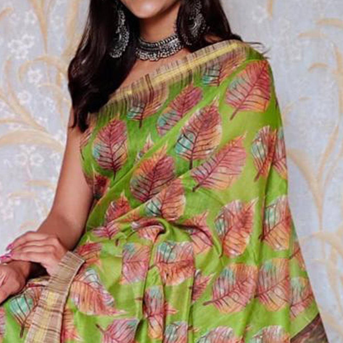 Light Green Casual Wear Digital Printed Chanderi Silk Saree - Peachmode