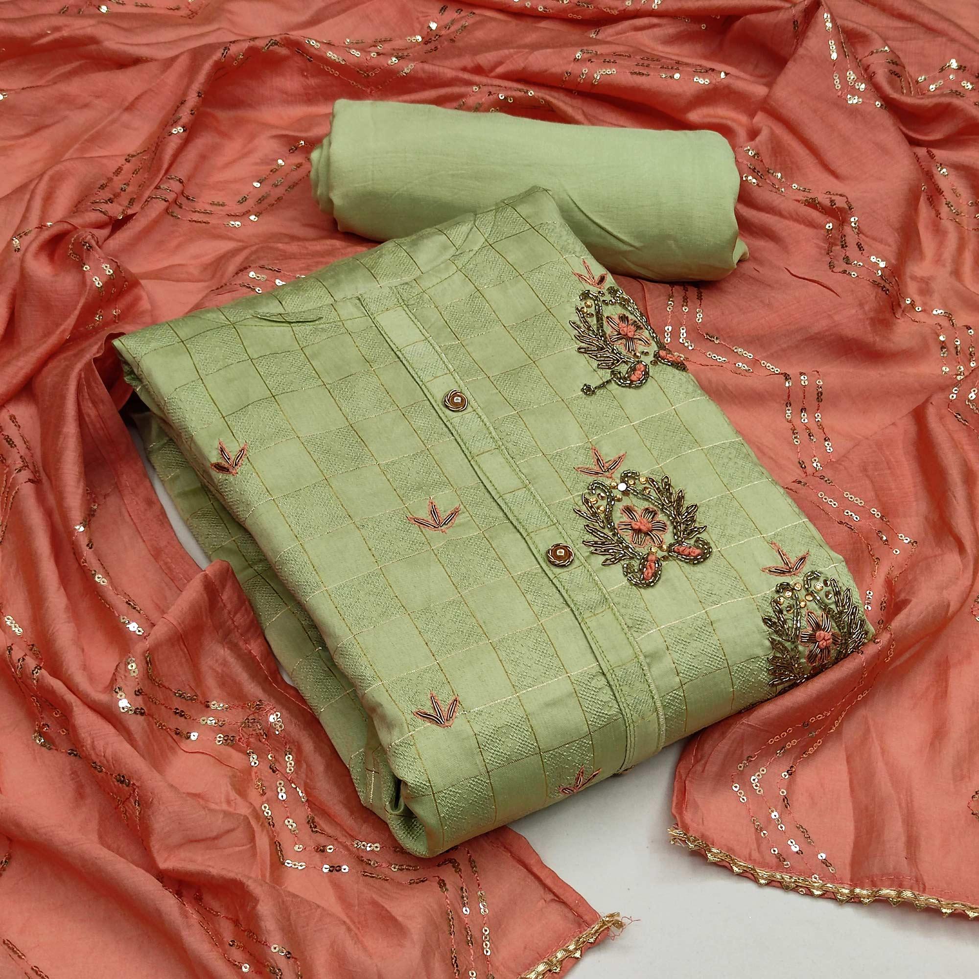 Light Green Casual Wear Embroidered Cotton Dress Material - Peachmode