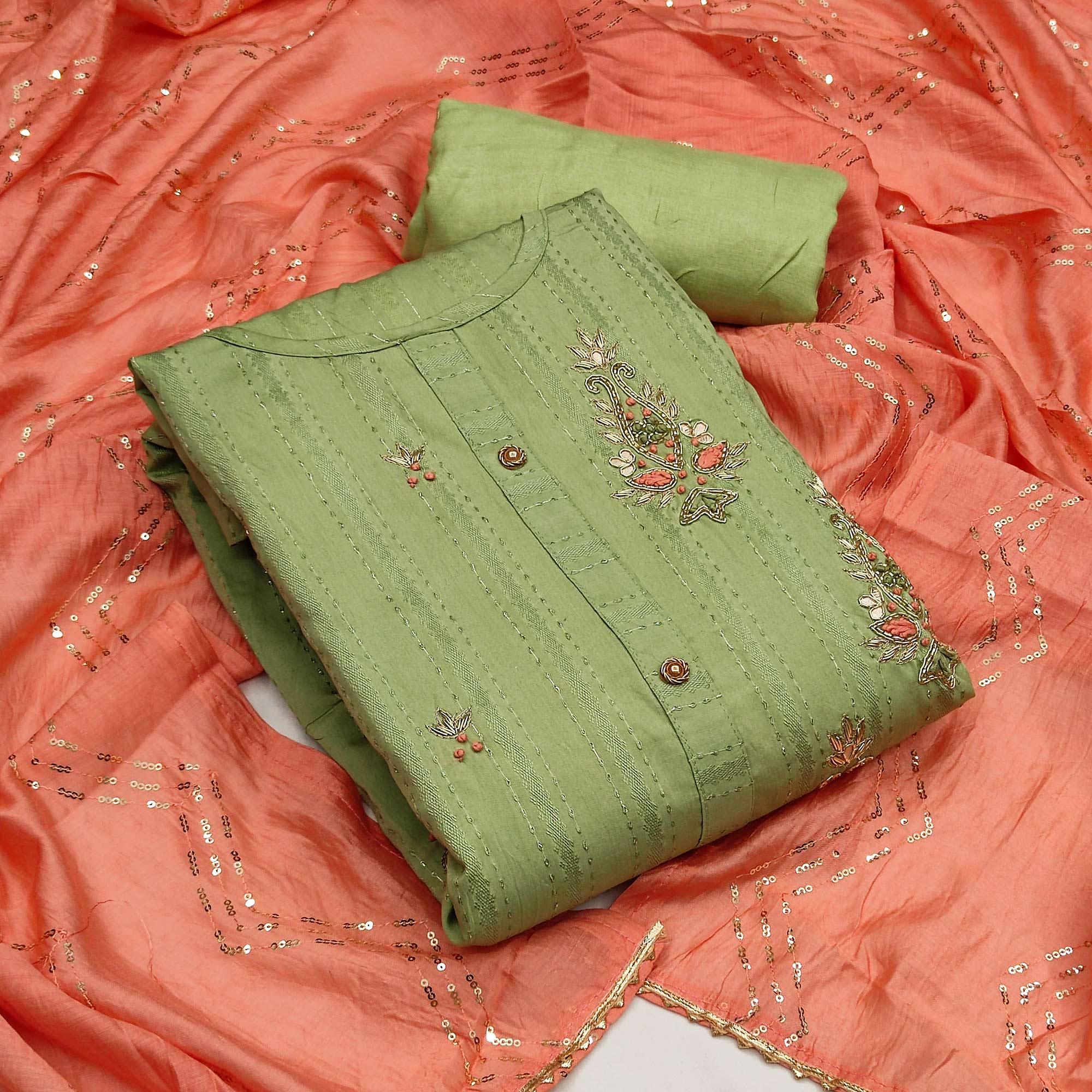 Light Green Casual Wear Embroidered Cotton Dress Material - Peachmode