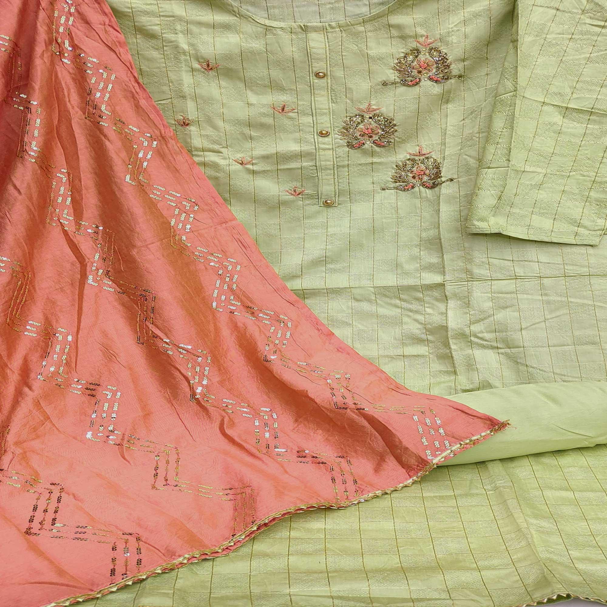 Light Green Casual Wear Embroidered Cotton Dress Material - Peachmode