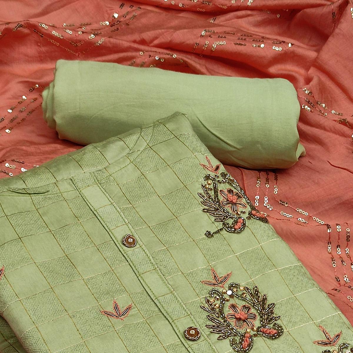 Light Green Casual Wear Embroidered Cotton Dress Material - Peachmode