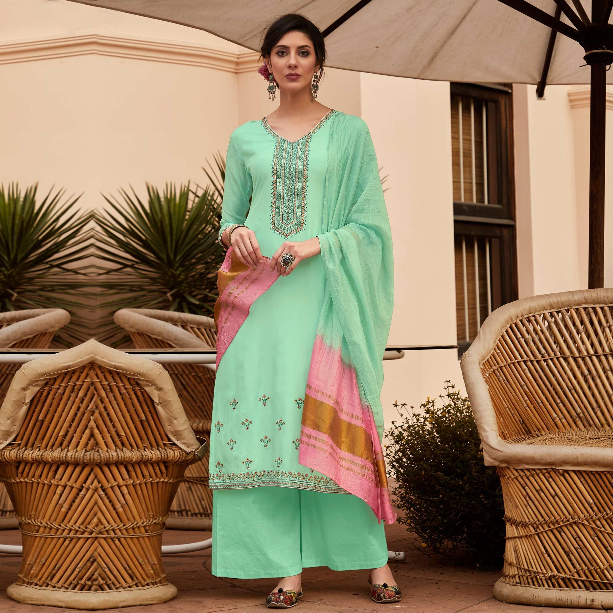 Light Green Casual Wear Embroidered Georgette Suit - Peachmode