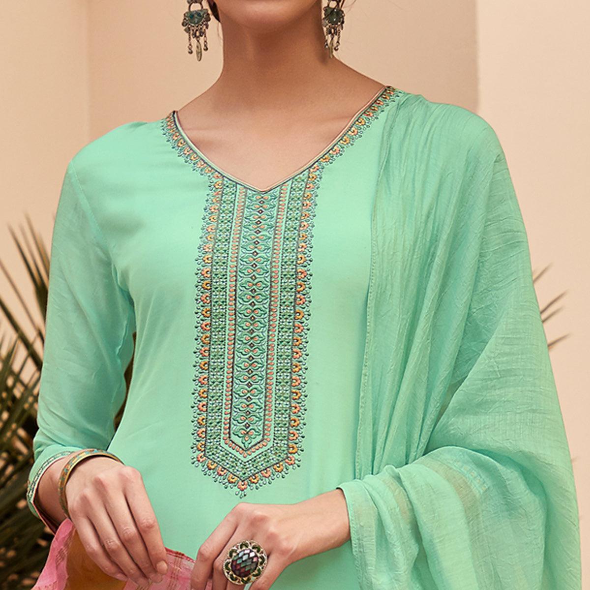 Light Green Casual Wear Embroidered Georgette Suit - Peachmode