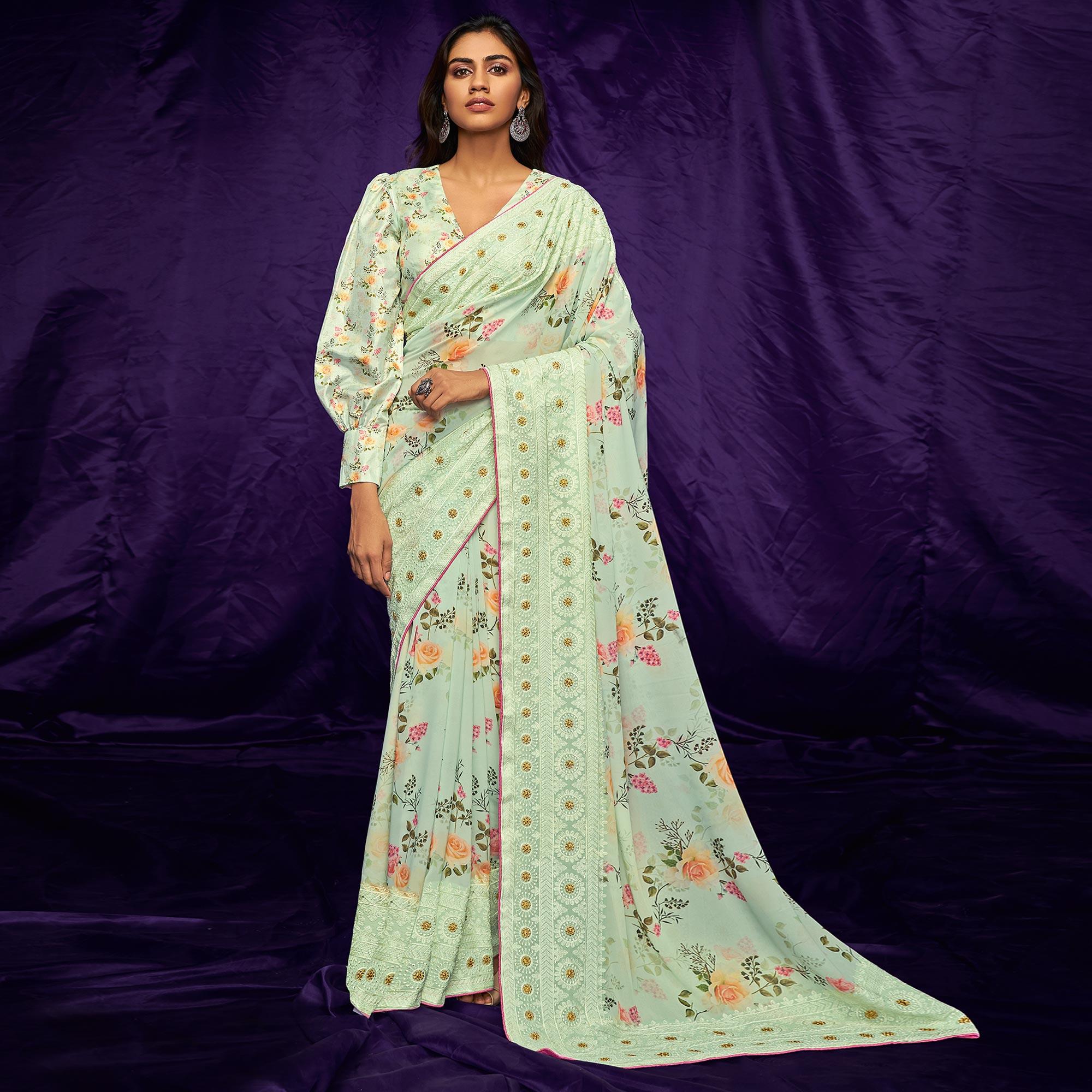 Light Green Casual Wear Floral Digital Printed Pure Georgette Saree - Peachmode