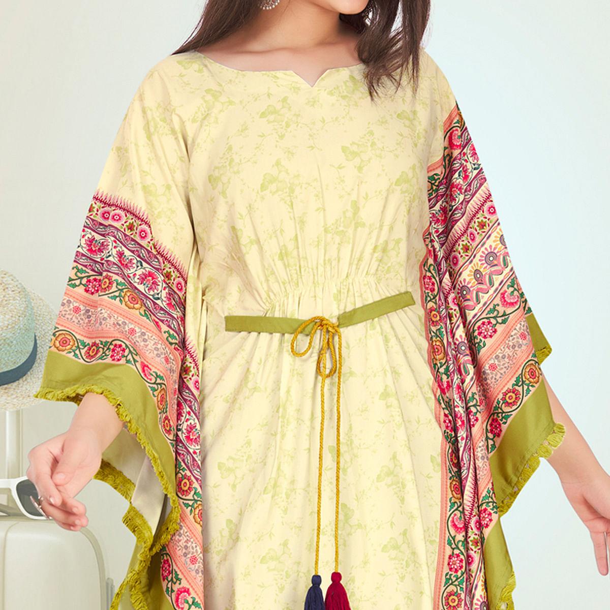 Light Green Casual Wear Floral Digtial Printed Modal Kaftan Kurti - Peachmode