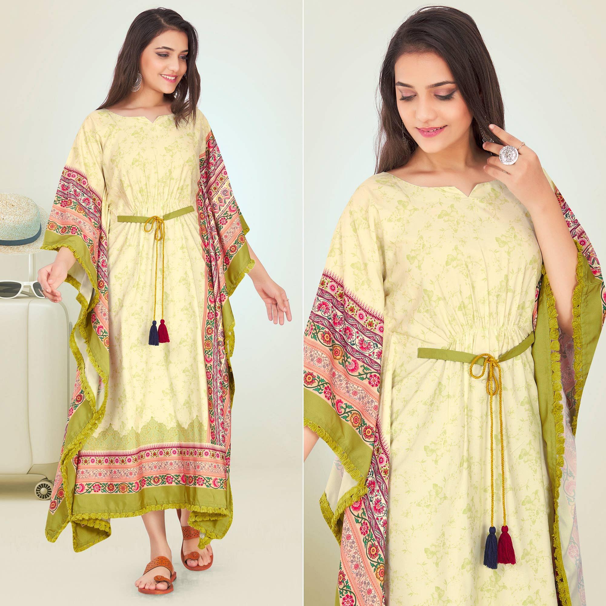 Light Green Casual Wear Floral Digtial Printed Modal Kaftan Kurti - Peachmode