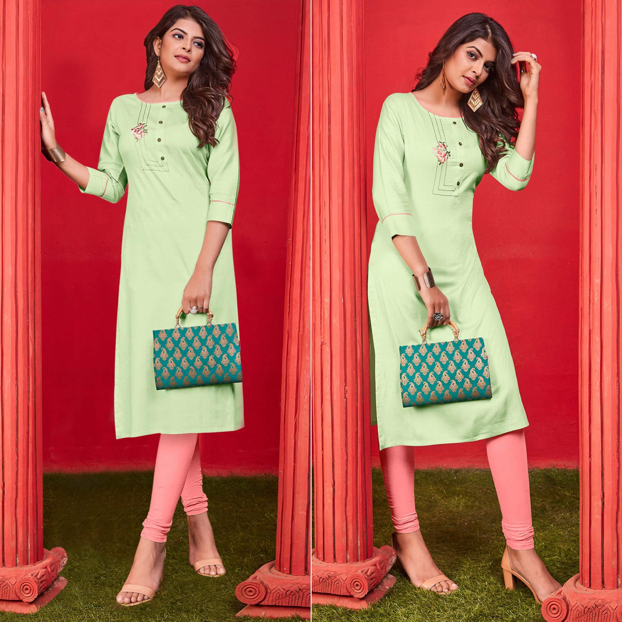 Light Green Casual Wear Floral Embroidered Cotton Kurti - Peachmode