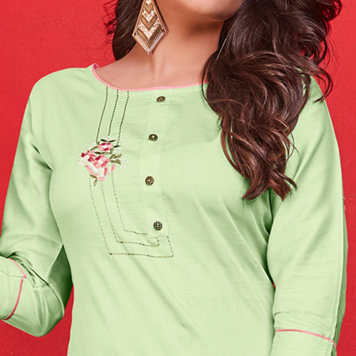 Light Green Casual Wear Floral Embroidered Cotton Kurti - Peachmode