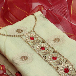 Light Green Casual Wear Floral Embroidery Modal Chanderi Jacquard Dress Material - Peachmode