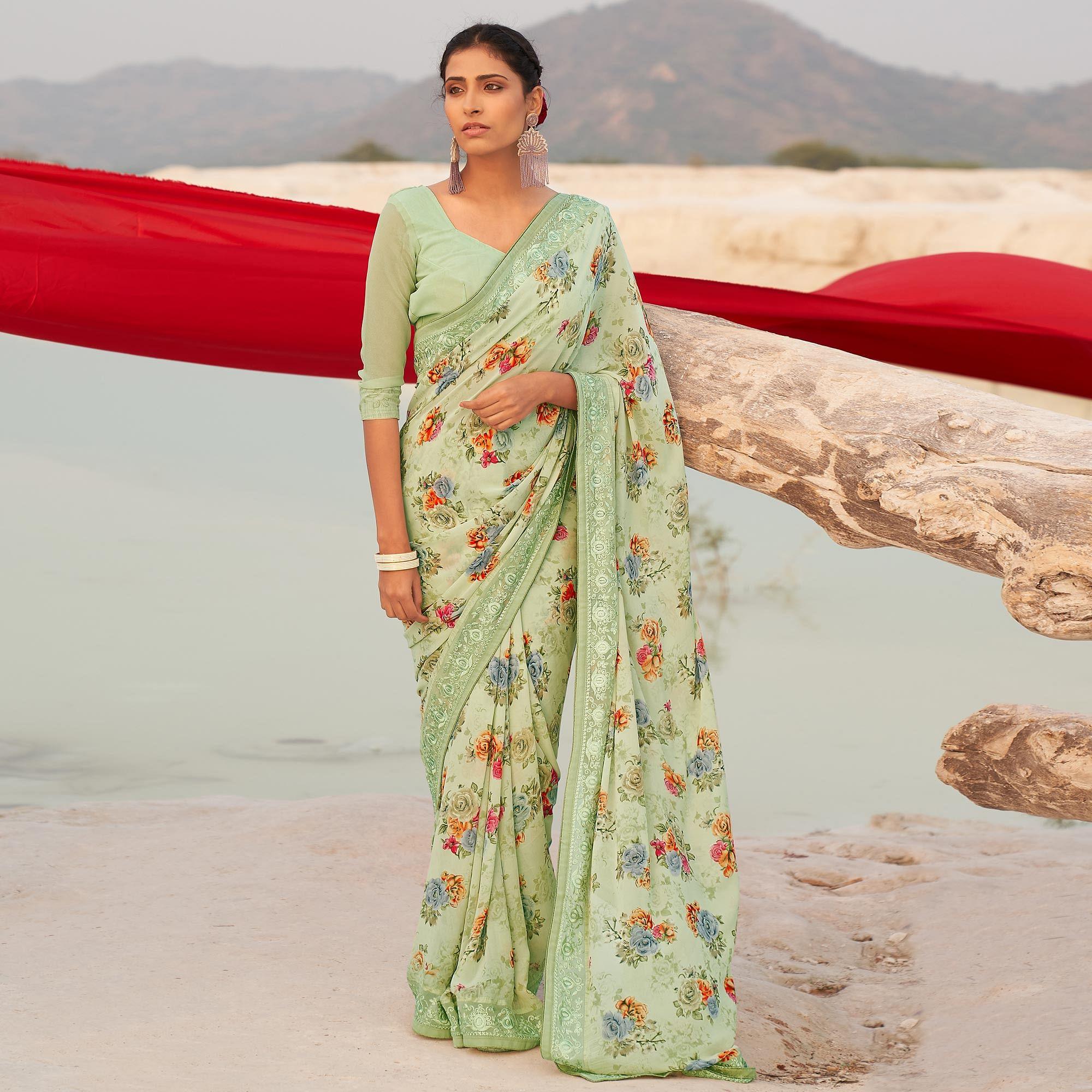 Light Green Casual Wear Floral Printed Georgette Saree - Peachmode