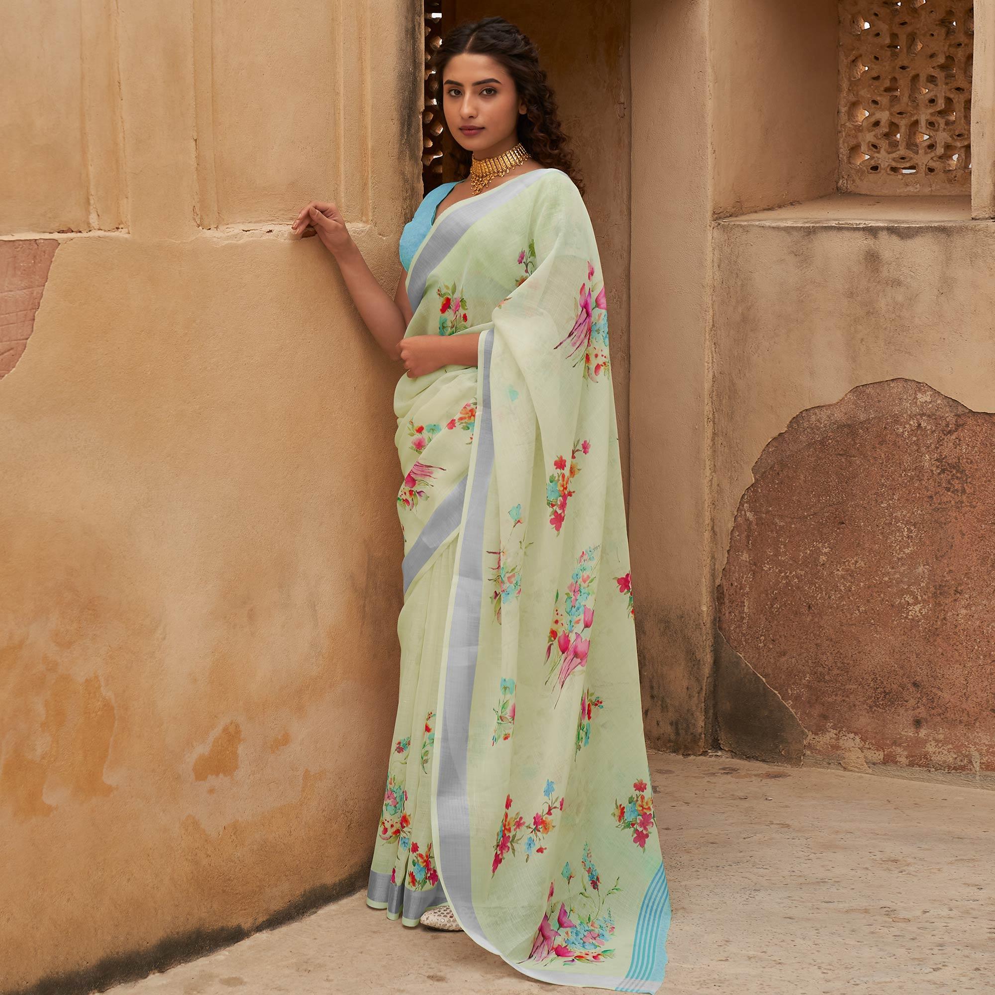 Light Green Casual Wear Floral Printed Zari Border Soft Linen Cotton Saree - Peachmode