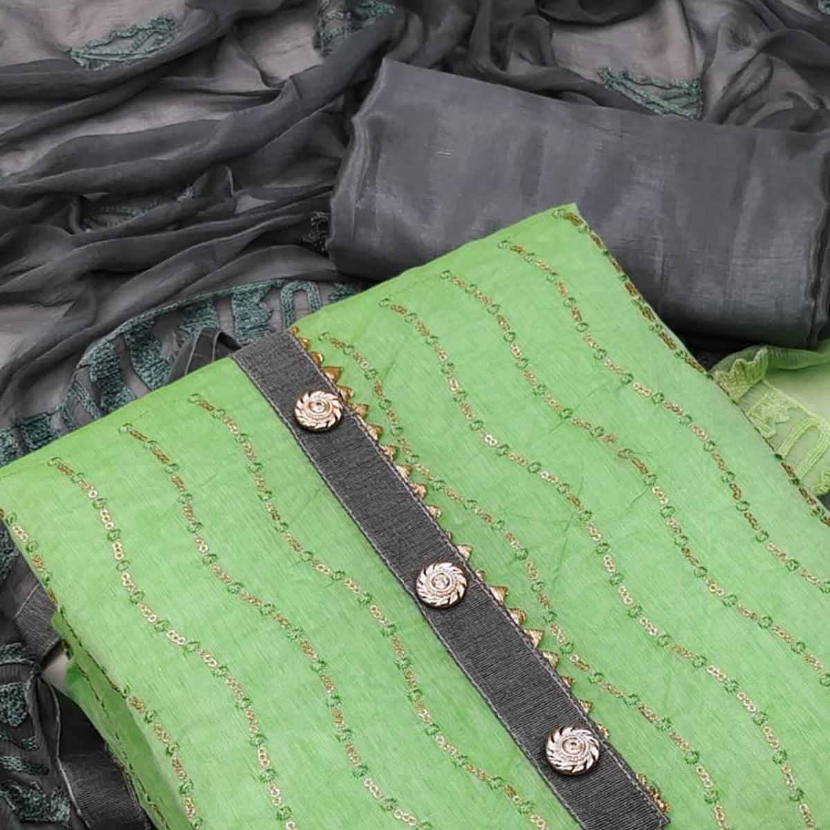 Light Green Casual Wear Sequence Embroidered Chanderi Dress Material - Peachmode